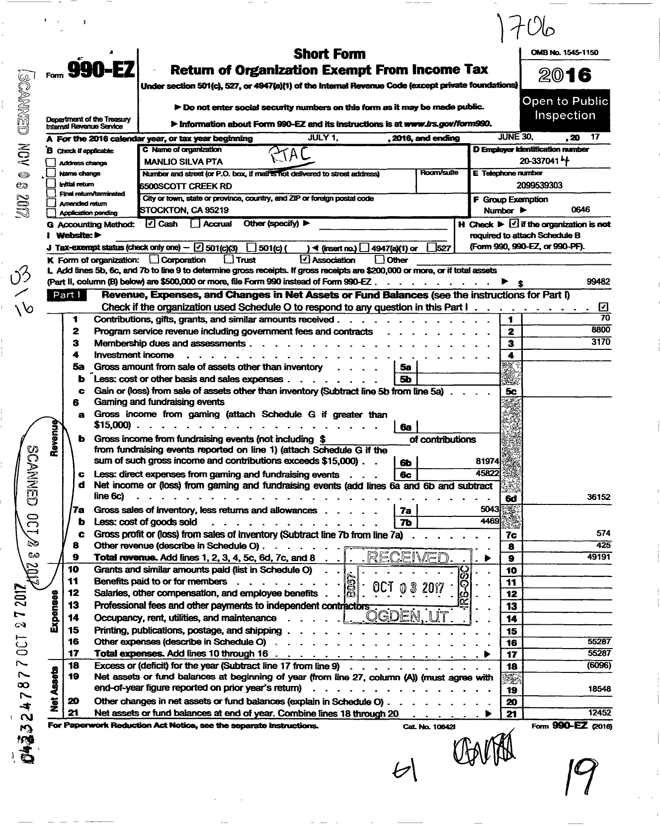 Image of first page of 2016 Form 990EZ for California State PTA - Manlio Silva PTA