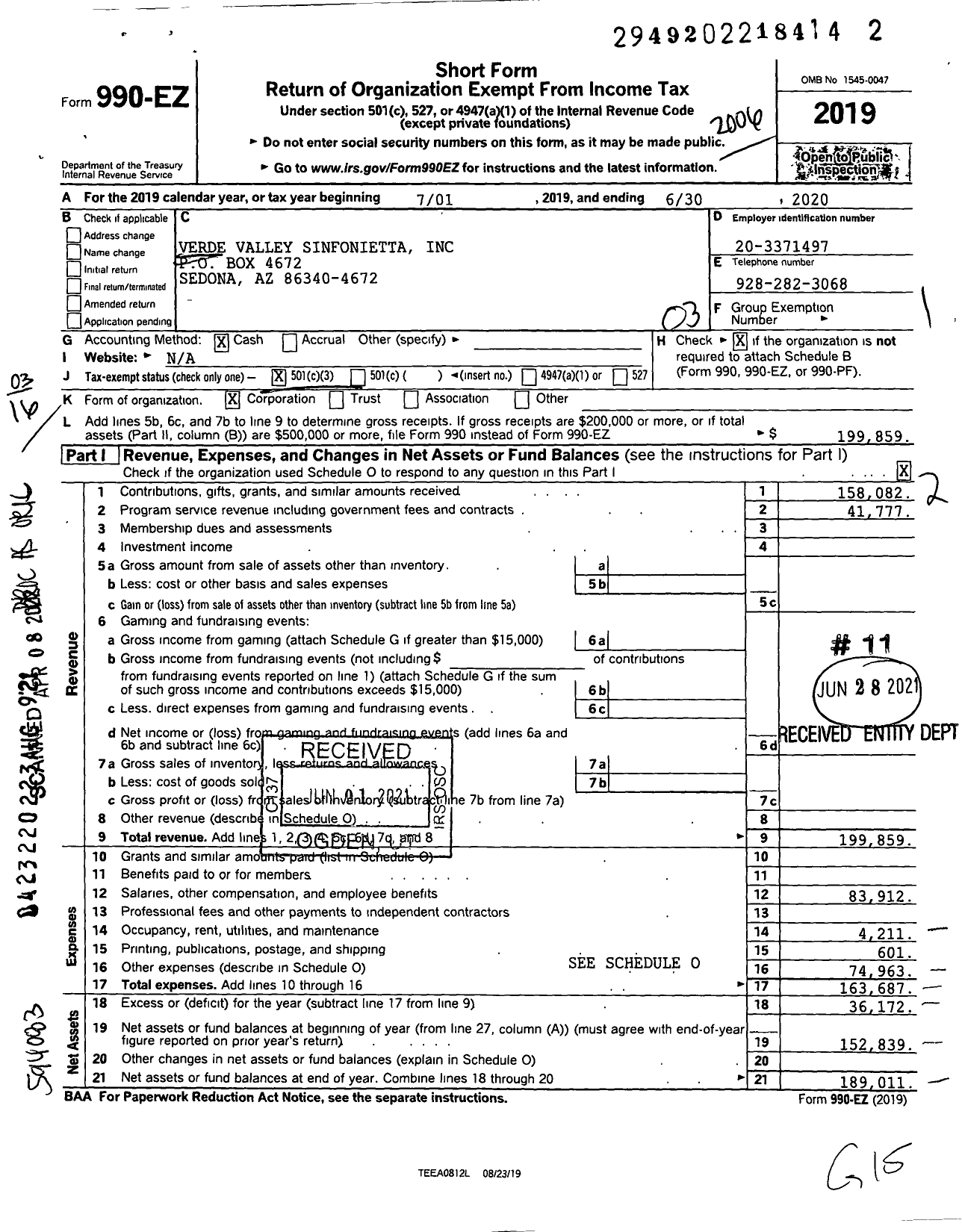 Image of first page of 2019 Form 990EZ for Sedona Symphony