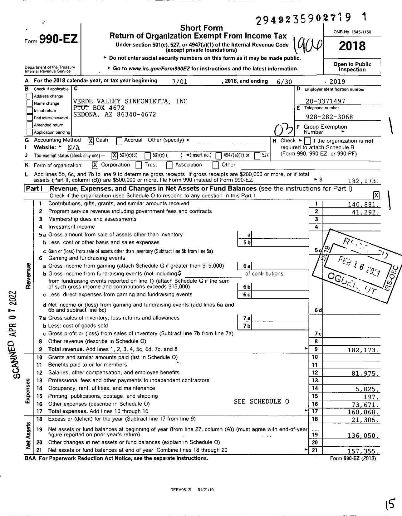 Image of first page of 2018 Form 990EZ for Sedona Symphony