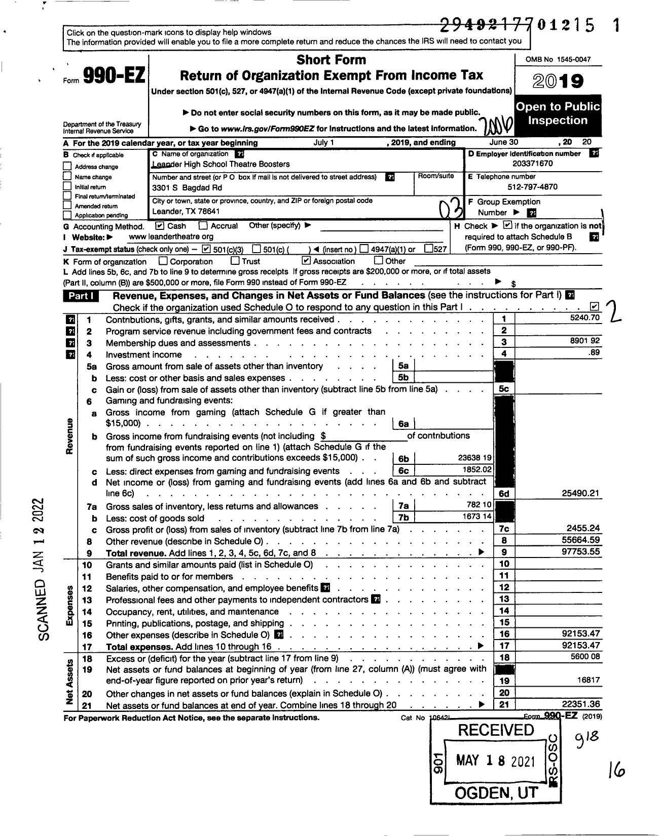 Image of first page of 2019 Form 990EZ for Leander High School Theatre Boosters