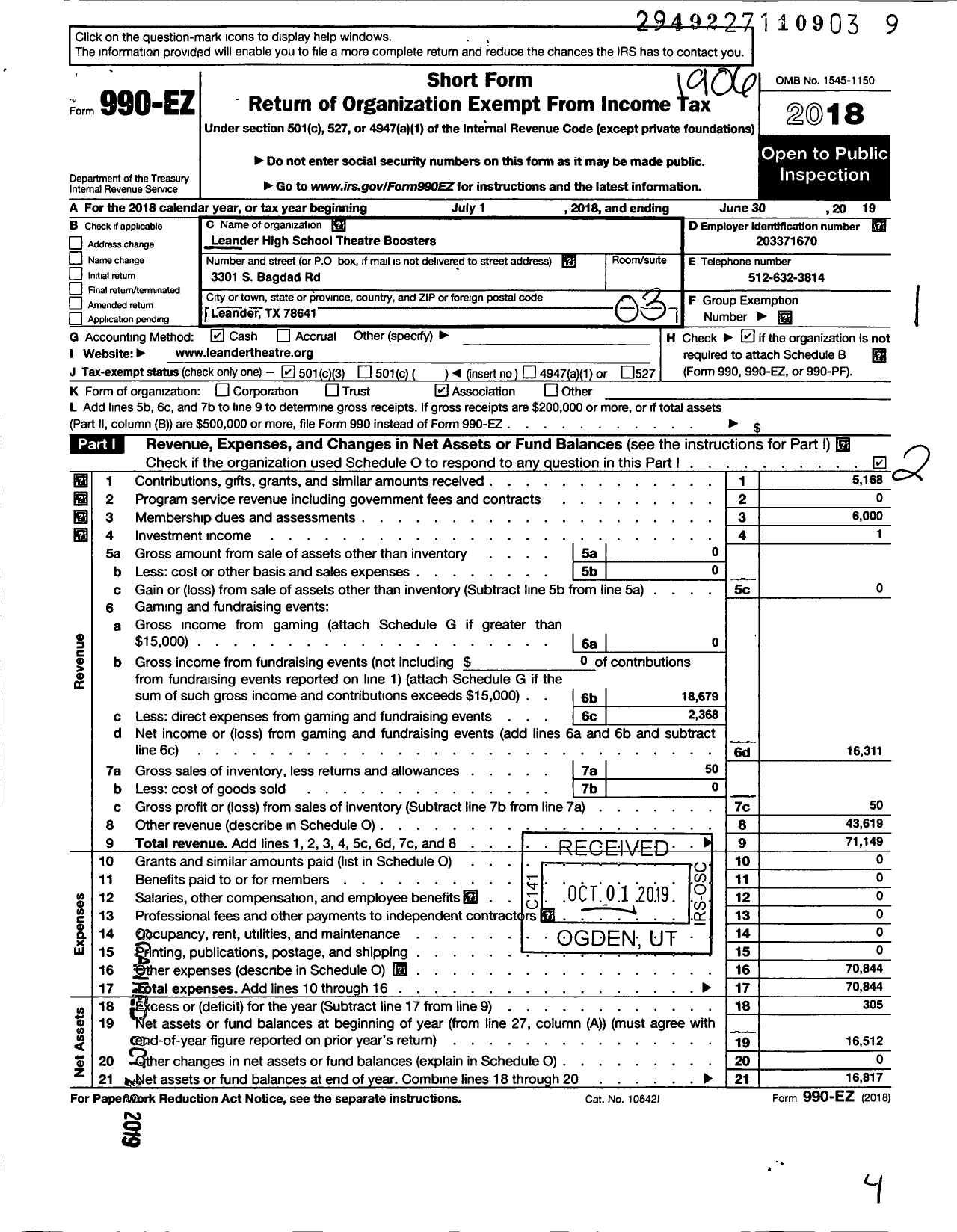 Image of first page of 2018 Form 990EZ for Leander High School Theatre Boosters