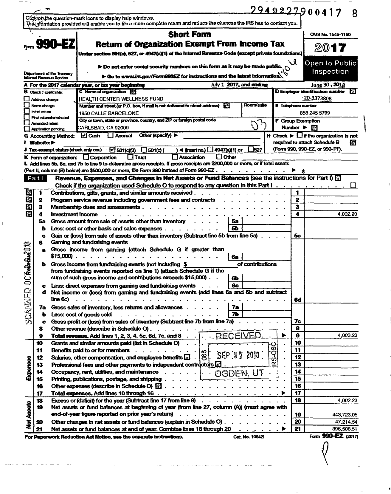 Image of first page of 2017 Form 990EZ for Health Center Wellness Fund