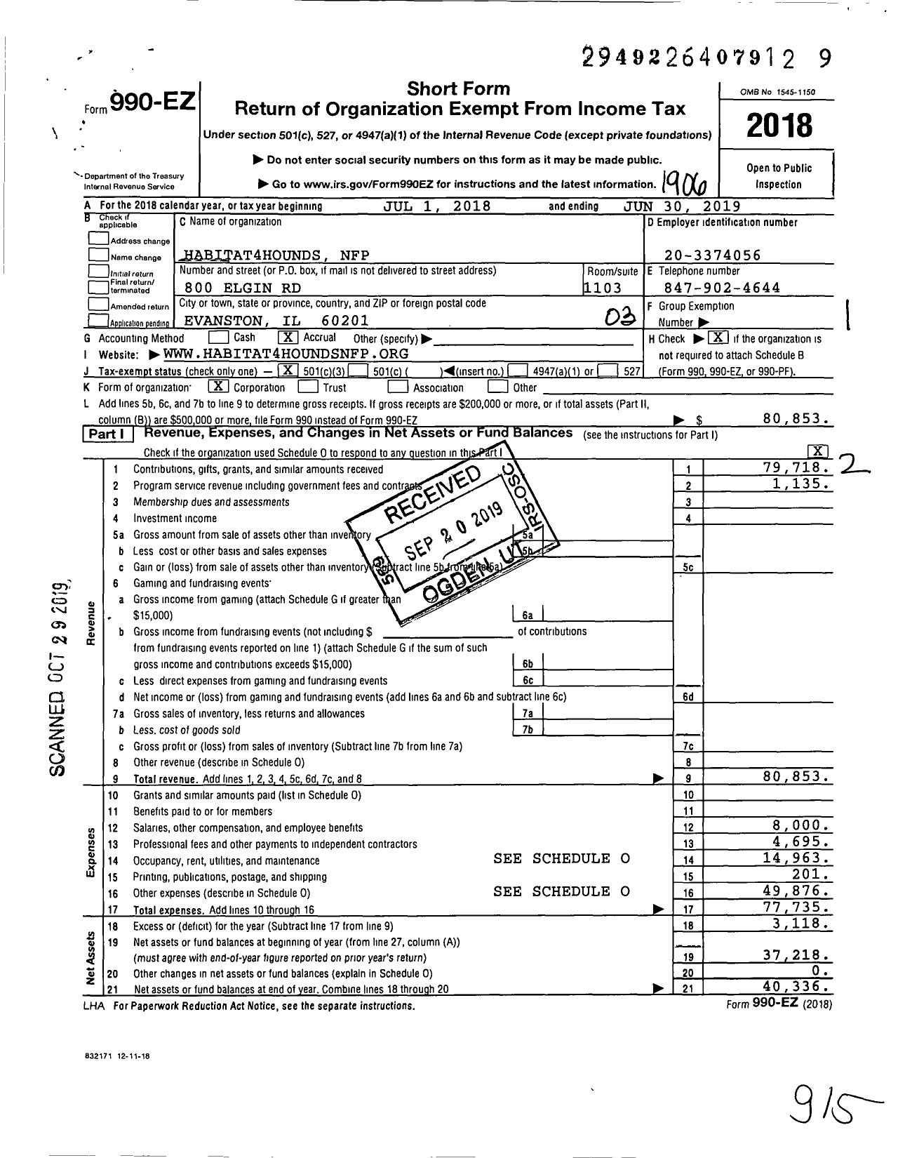 Image of first page of 2018 Form 990EZ for Habitat4hounds NFP