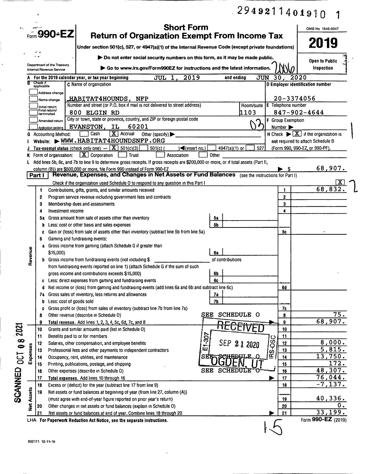 Image of first page of 2019 Form 990EZ for Habitat4hounds NFP