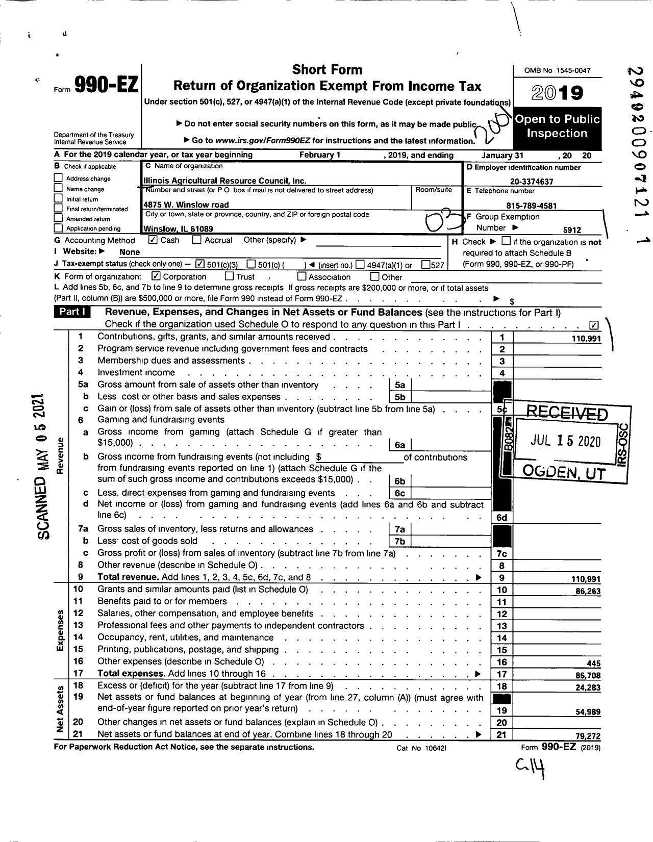 Image of first page of 2019 Form 990EZ for Illinois Agricultural Resources Council