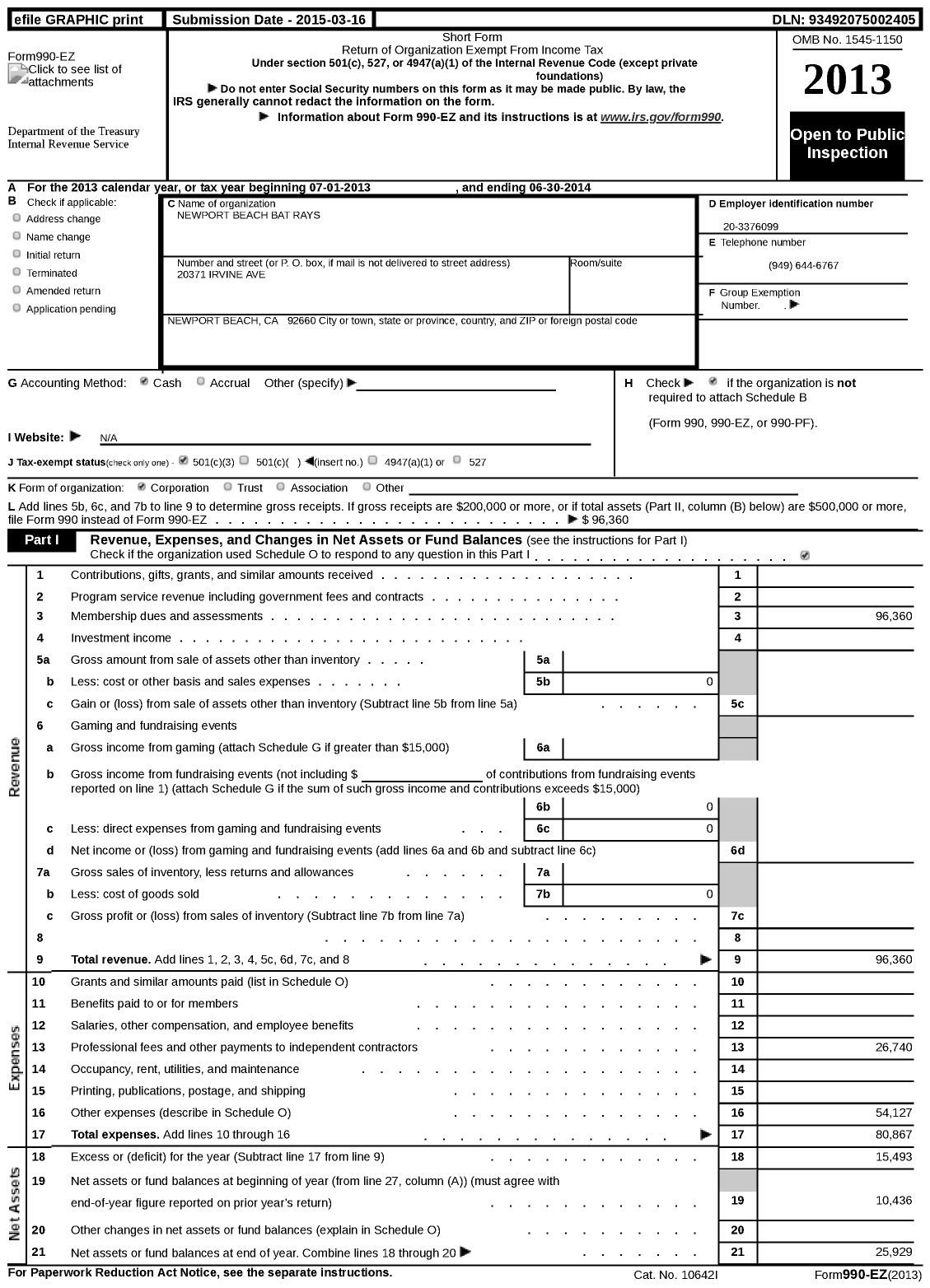 Image of first page of 2013 Form 990EZ for Newport Beach Bat Rays