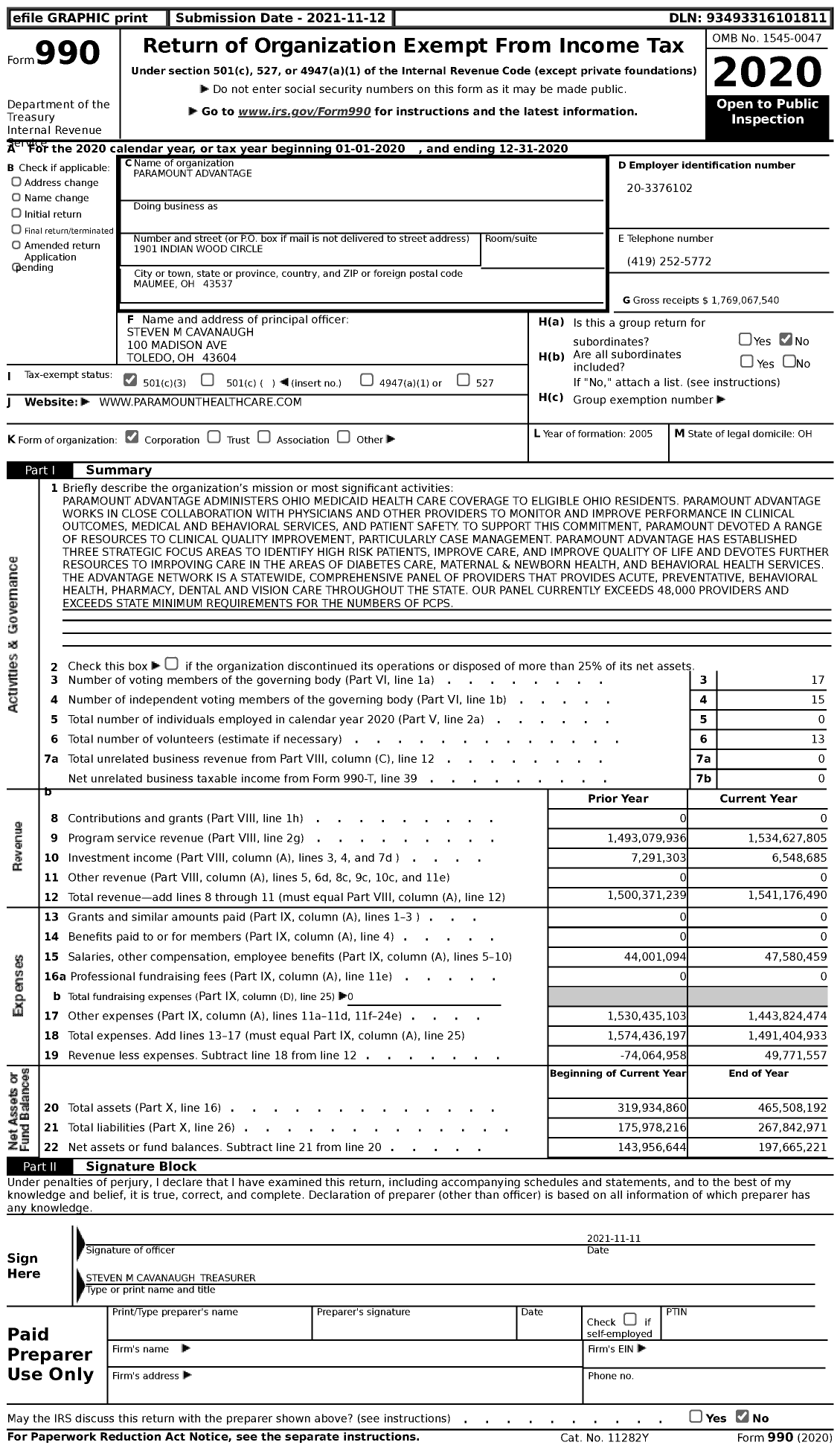 Image of first page of 2020 Form 990 for Paramount Advantage