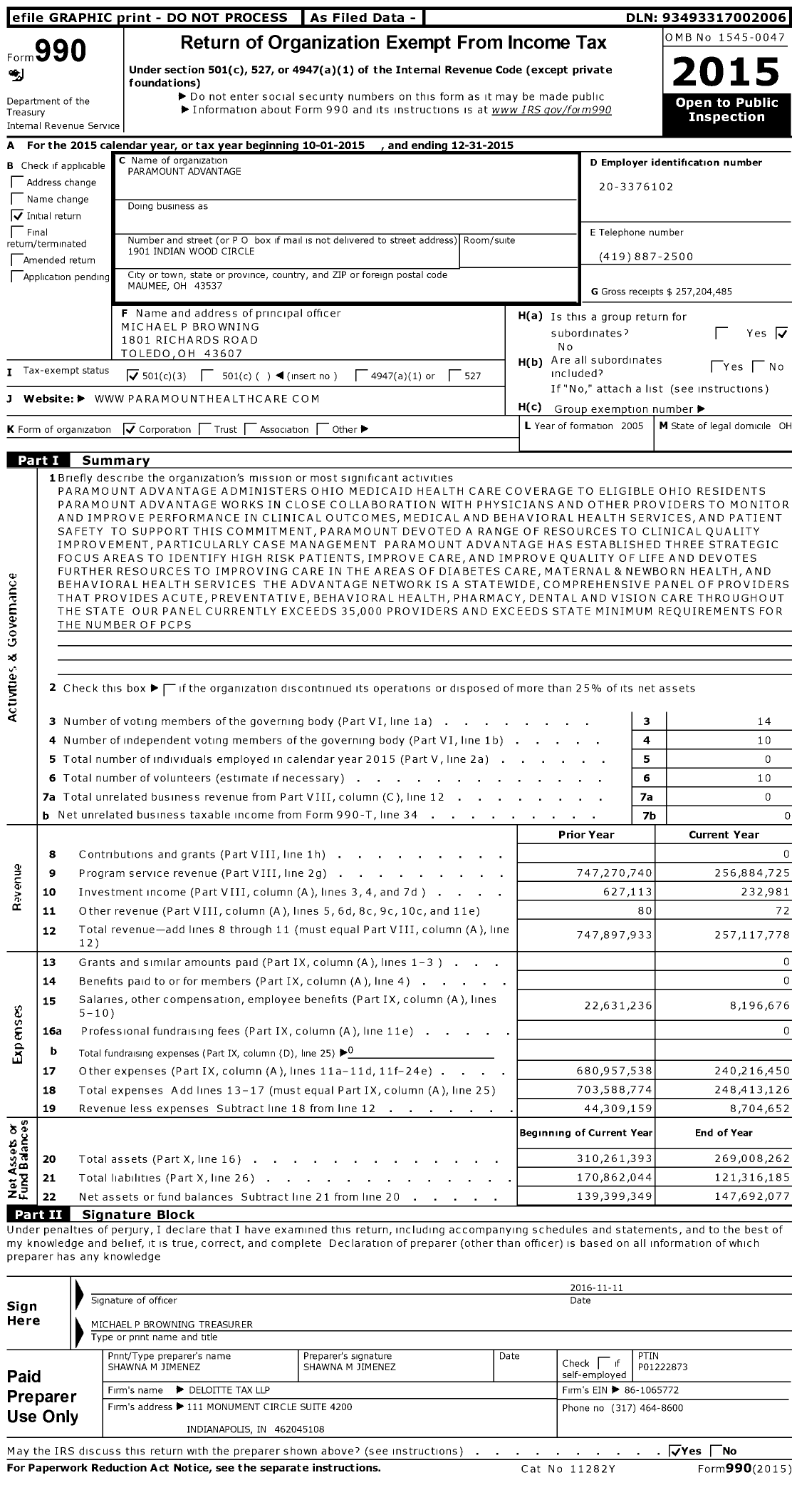 Image of first page of 2015 Form 990 for Paramount Advantage