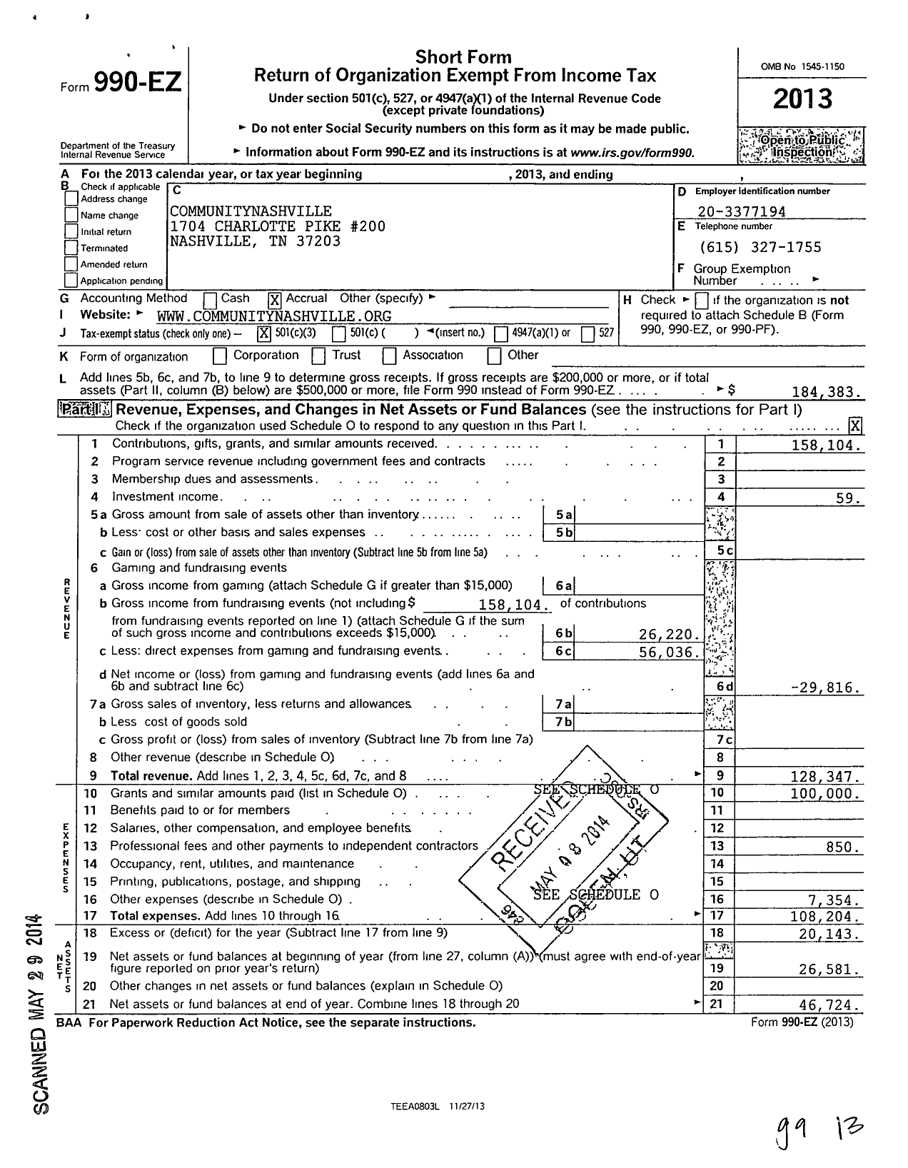 Image of first page of 2013 Form 990EZ for CommunityNashville