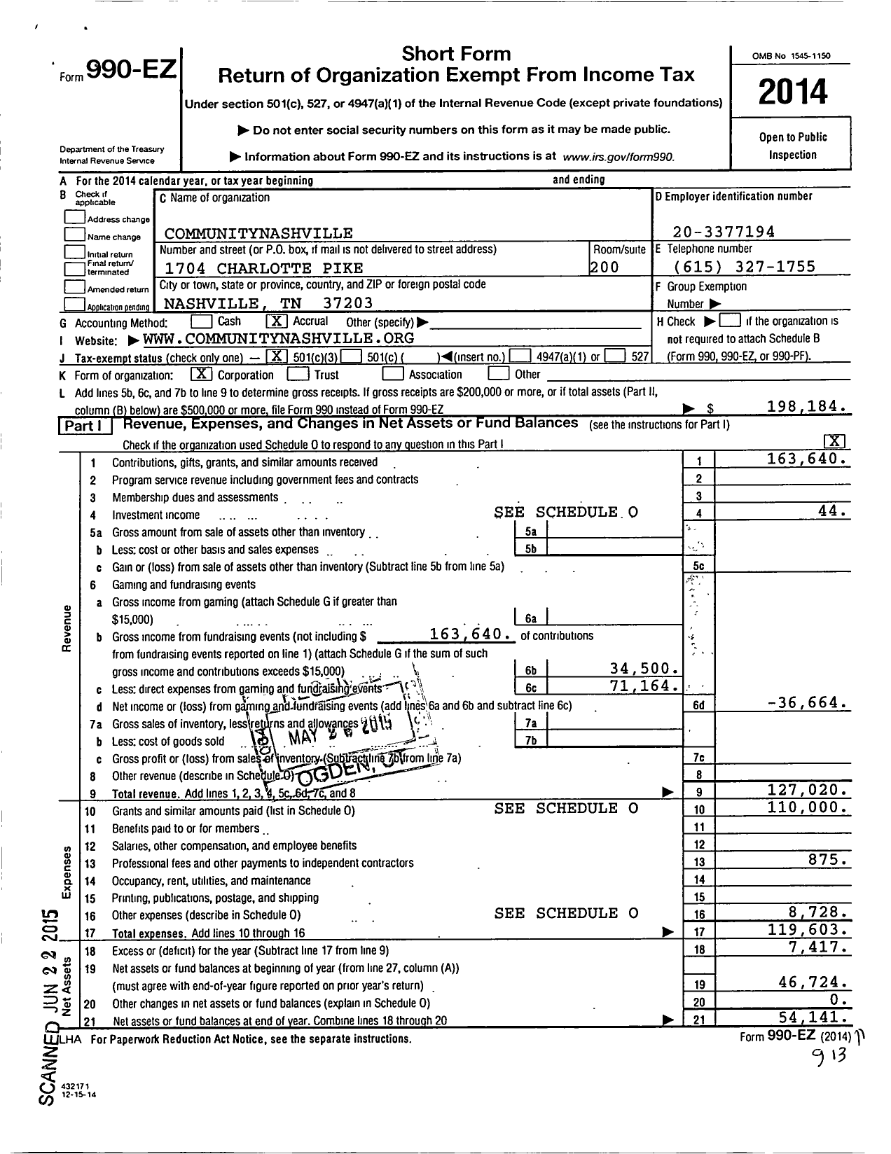 Image of first page of 2014 Form 990EZ for CommunityNashville