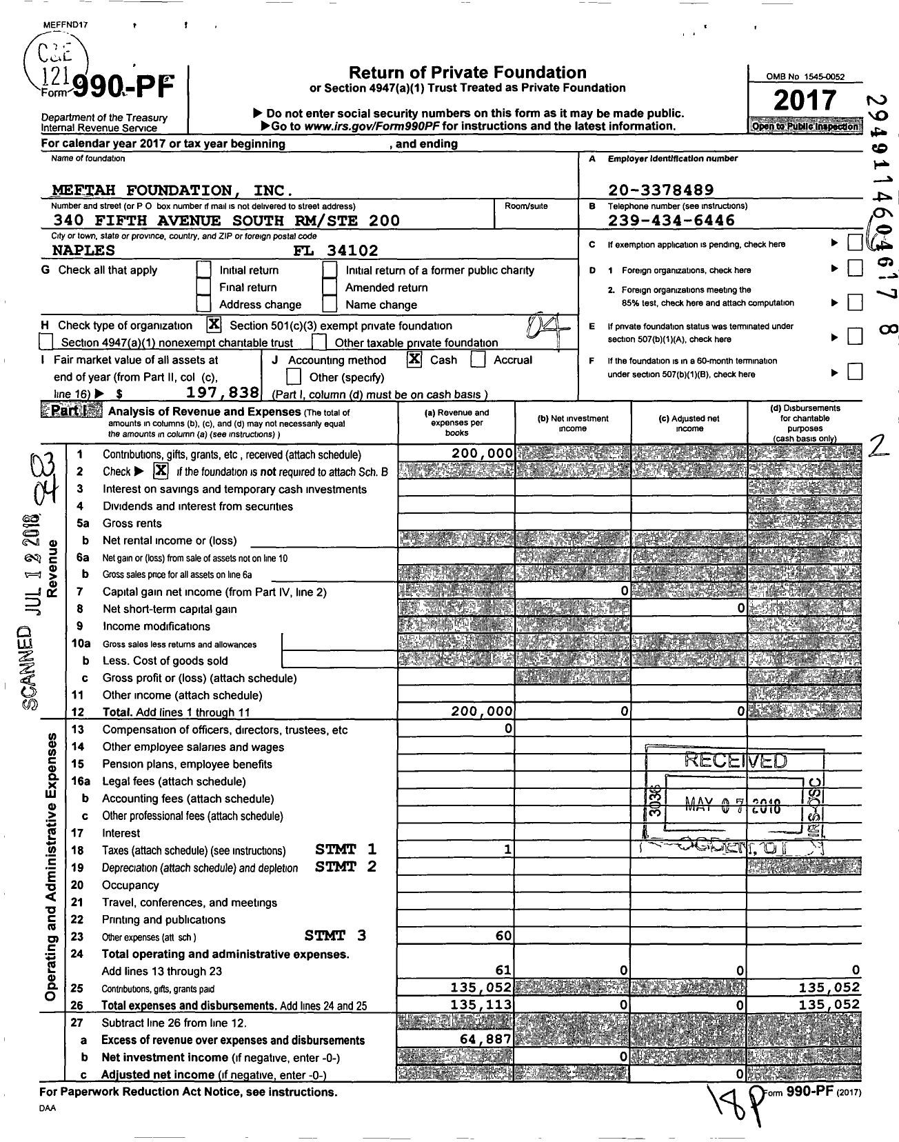 Image of first page of 2017 Form 990PF for Meftah Foundation