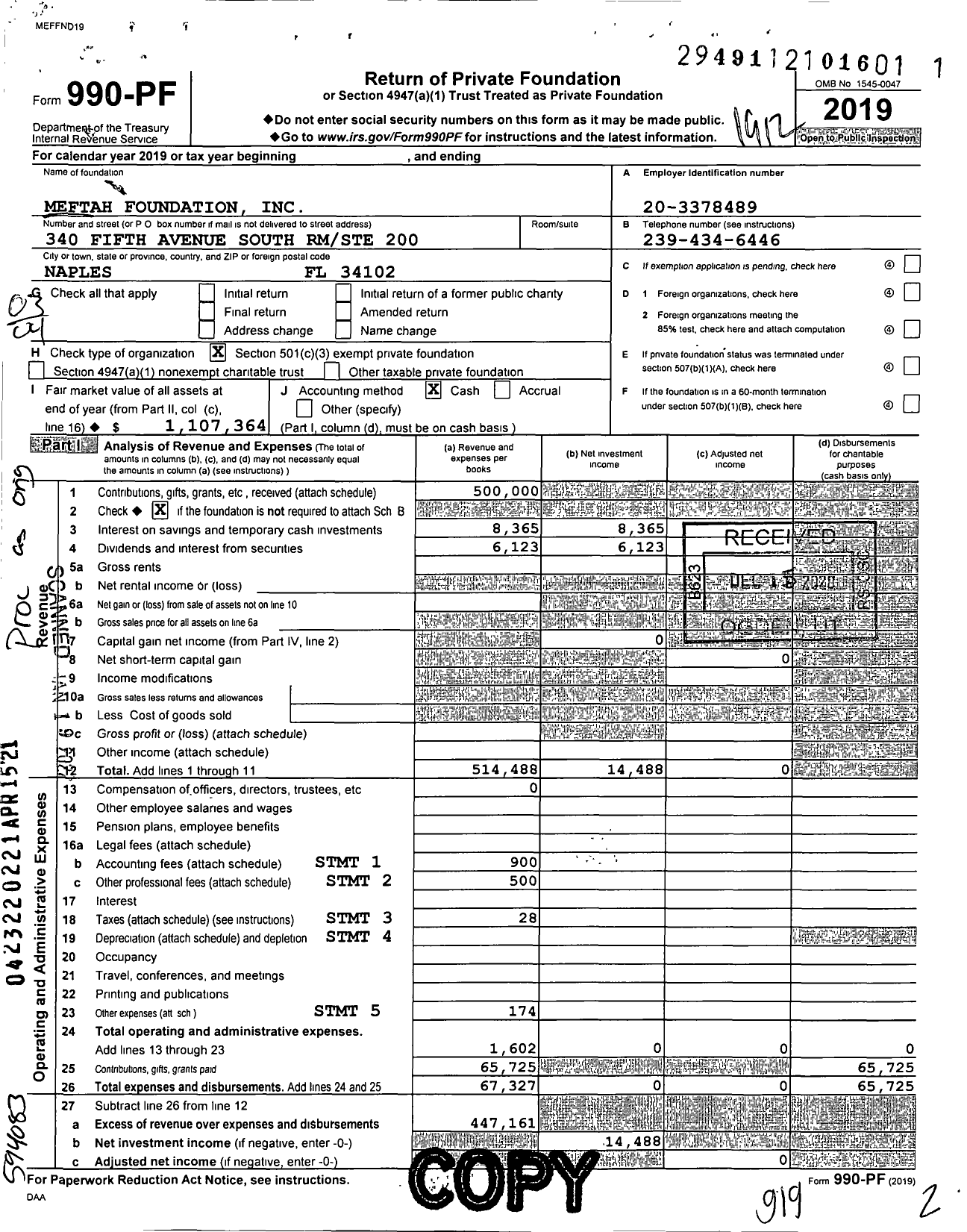 Image of first page of 2019 Form 990PF for Meftah Foundation