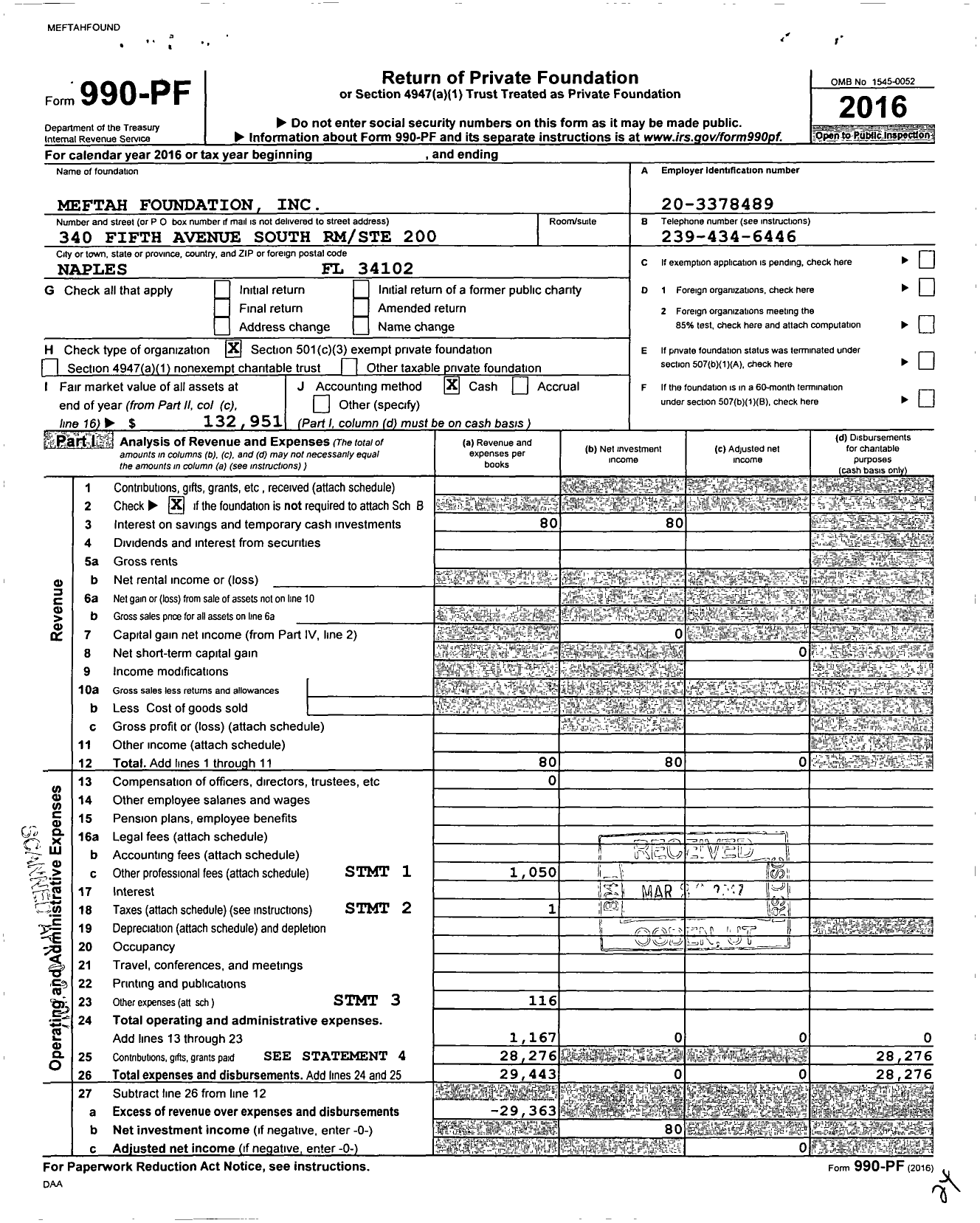 Image of first page of 2016 Form 990PF for Meftah Foundation