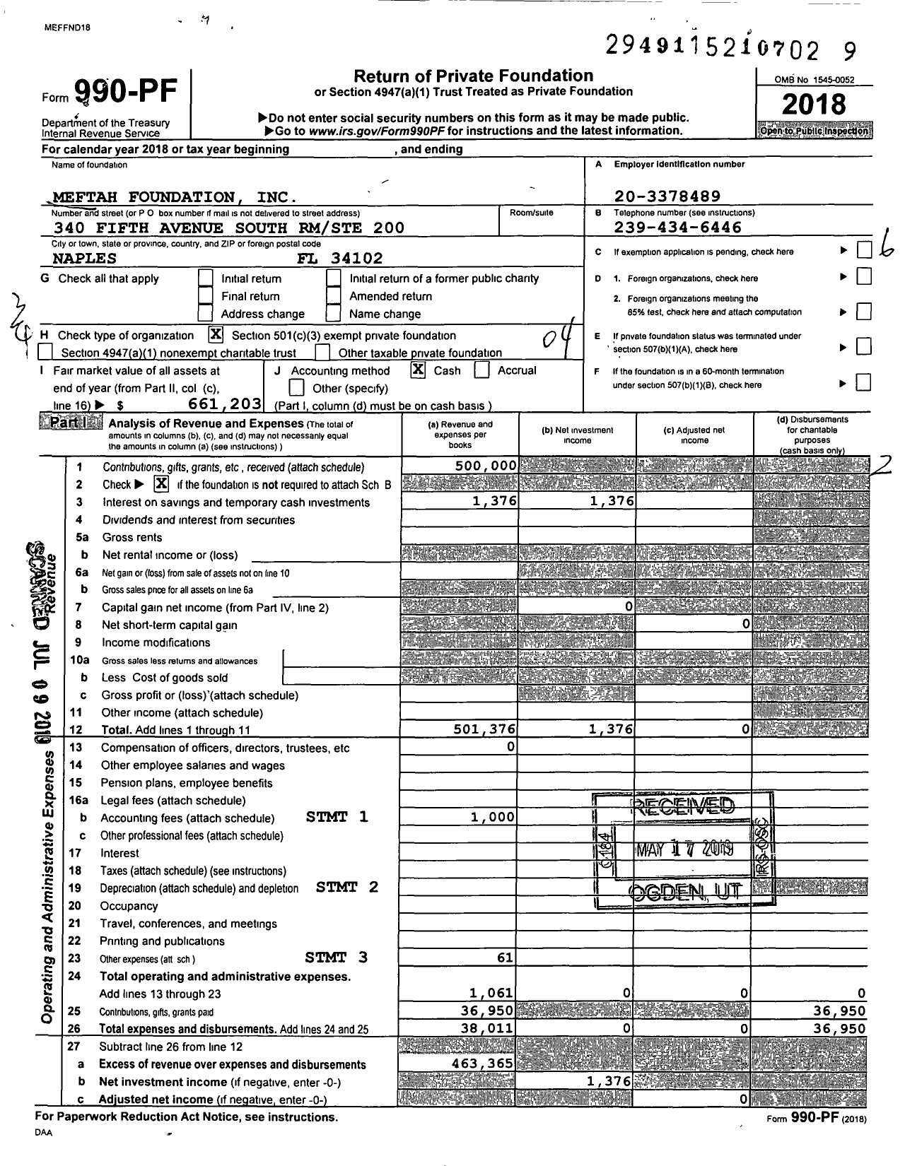Image of first page of 2018 Form 990PF for Meftah Foundation
