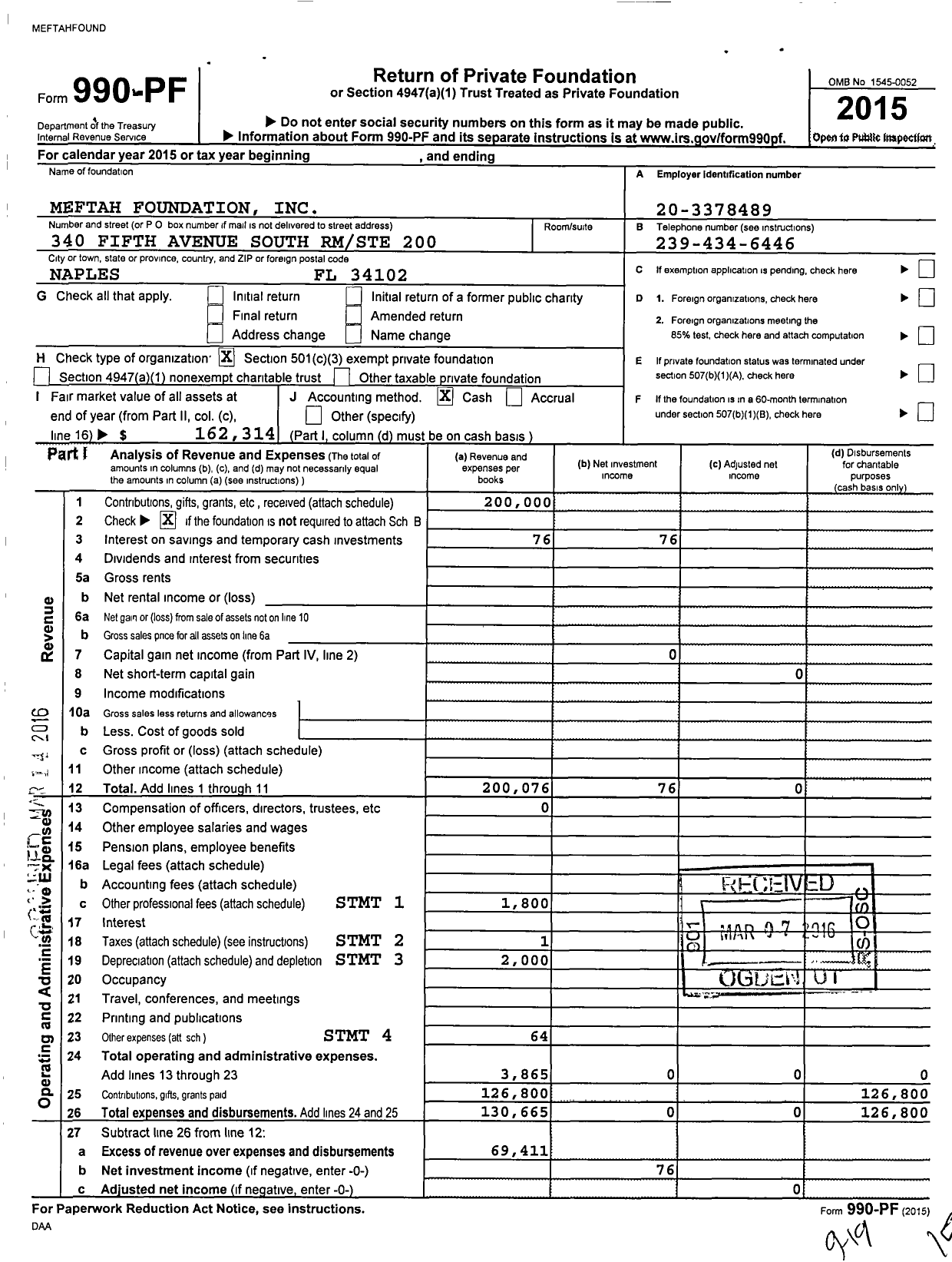 Image of first page of 2015 Form 990PF for Meftah Foundation