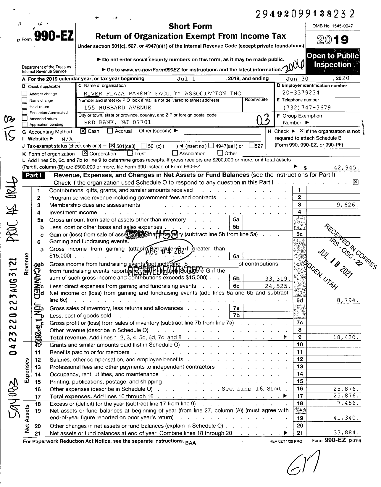 Image of first page of 2019 Form 990EZ for River Plaza Parent Faculty Association