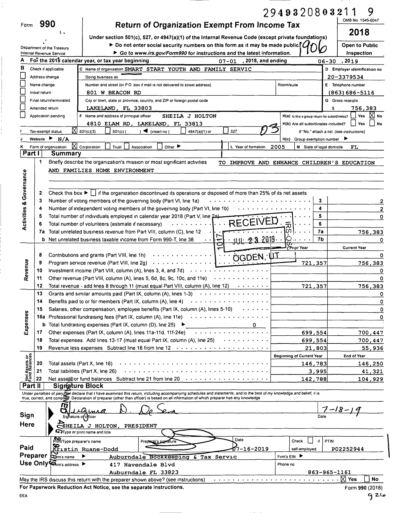 Image of first page of 2018 Form 990 for Smart Start Youth and Family Service