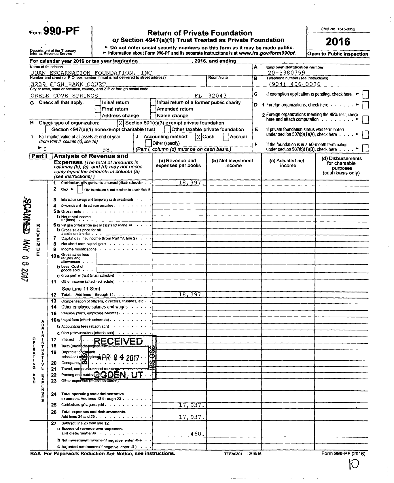 Image of first page of 2016 Form 990PF for Juan Encarnacion Foundation