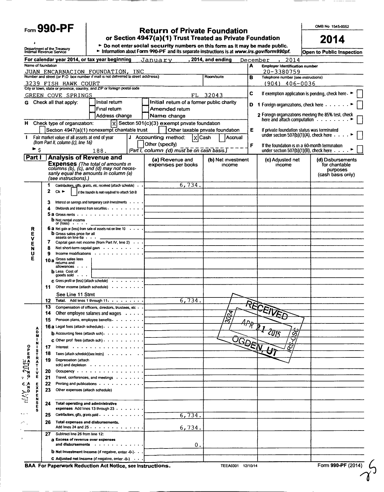 Image of first page of 2014 Form 990PF for Juan Encarnacion Foundation