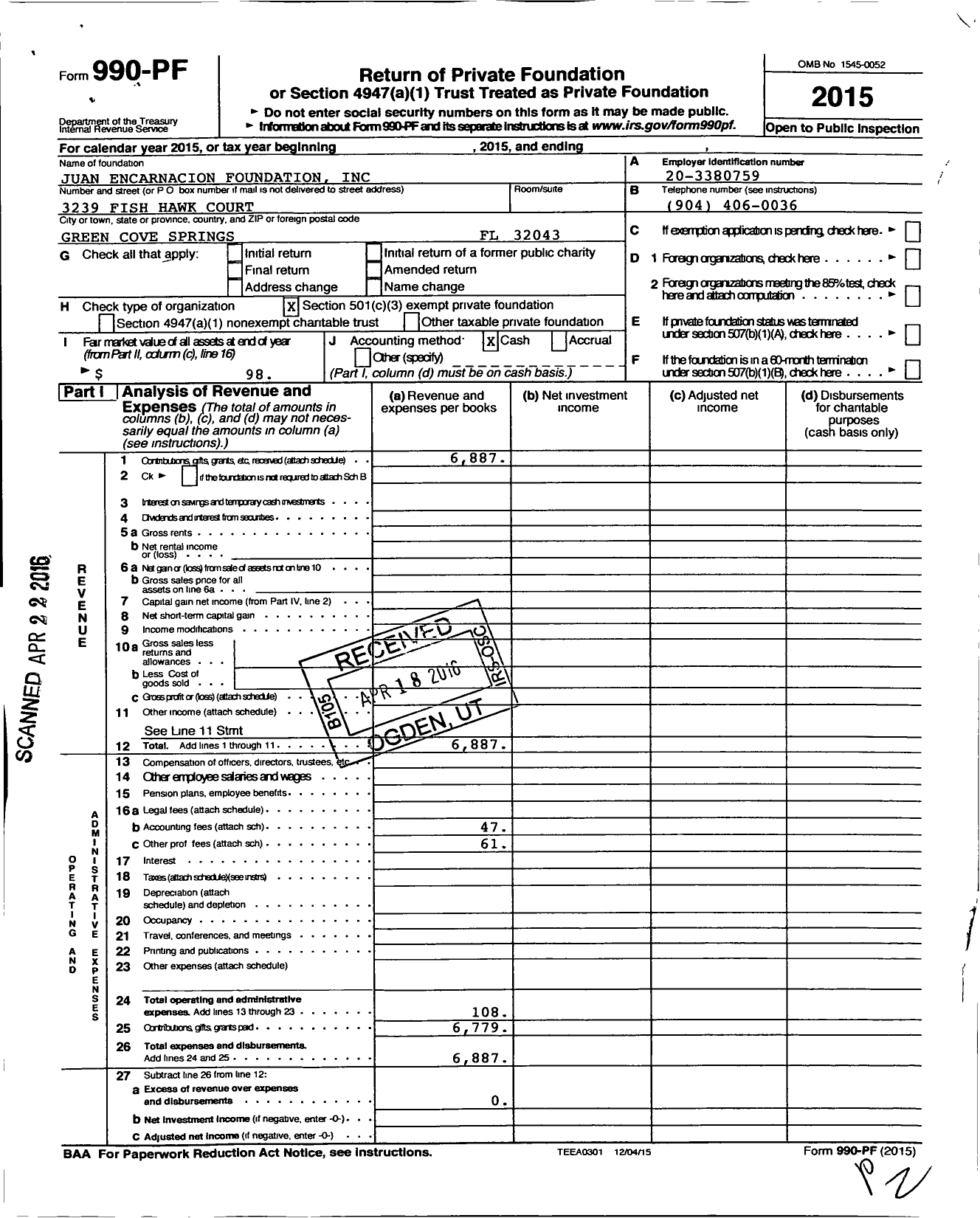 Image of first page of 2015 Form 990PF for Juan Encarnacion Foundation