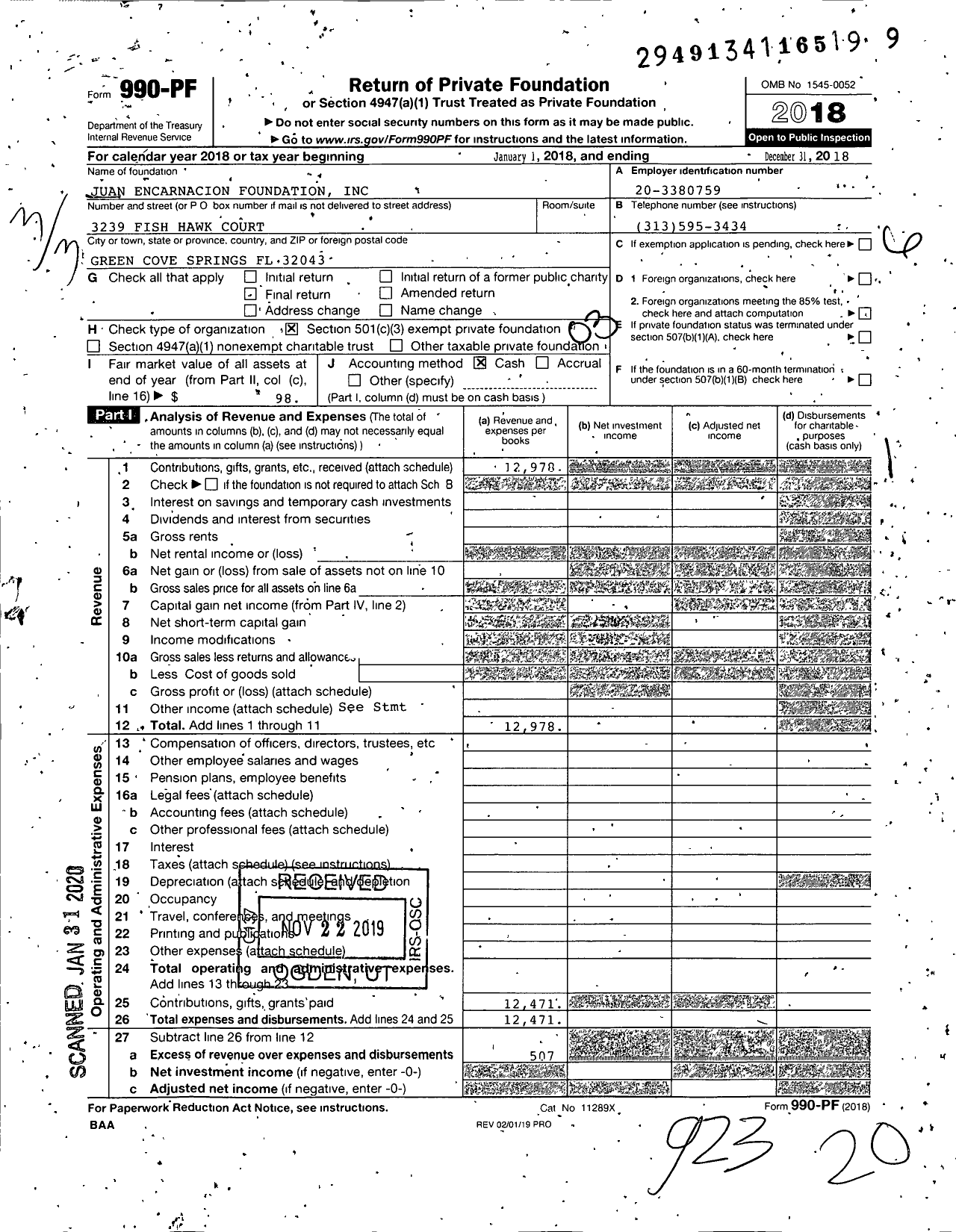 Image of first page of 2018 Form 990EZ for Juan Encarnacion Foundation