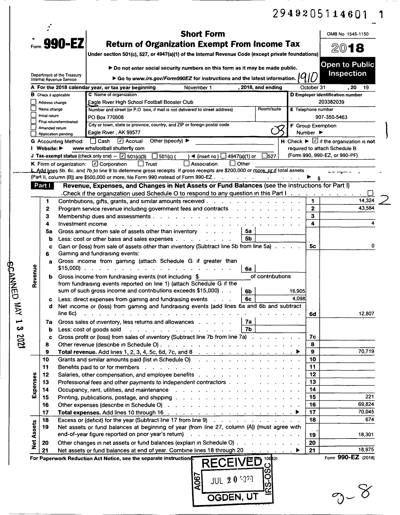 Image of first page of 2018 Form 990EZ for Eagle River High School Football Booster Club