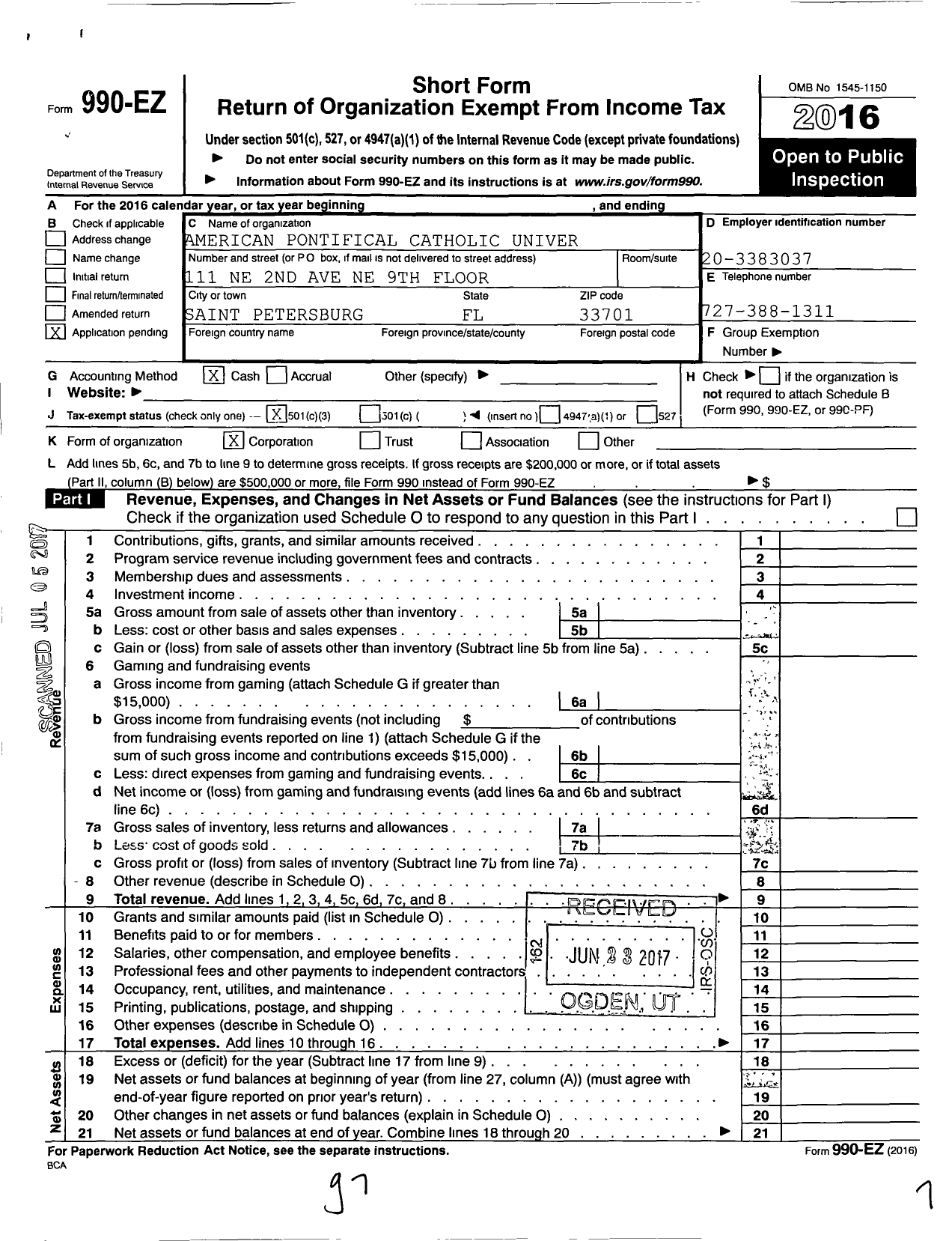 Image of first page of 2016 Form 990EZ for American Pontifical Catholic Univer