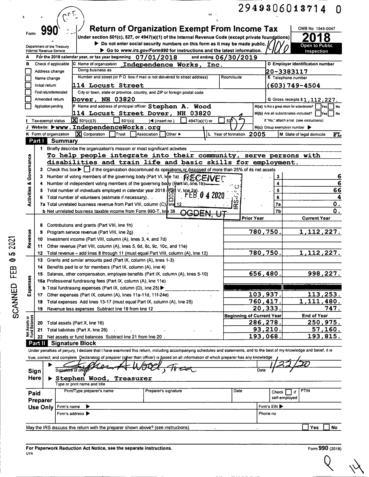 Image of first page of 2018 Form 990 for Independence Works