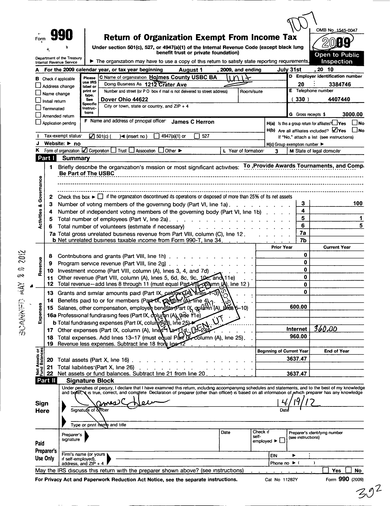 Image of first page of 2009 Form 990O for United States Bowling Congress - 80757 Holmes County Usbc