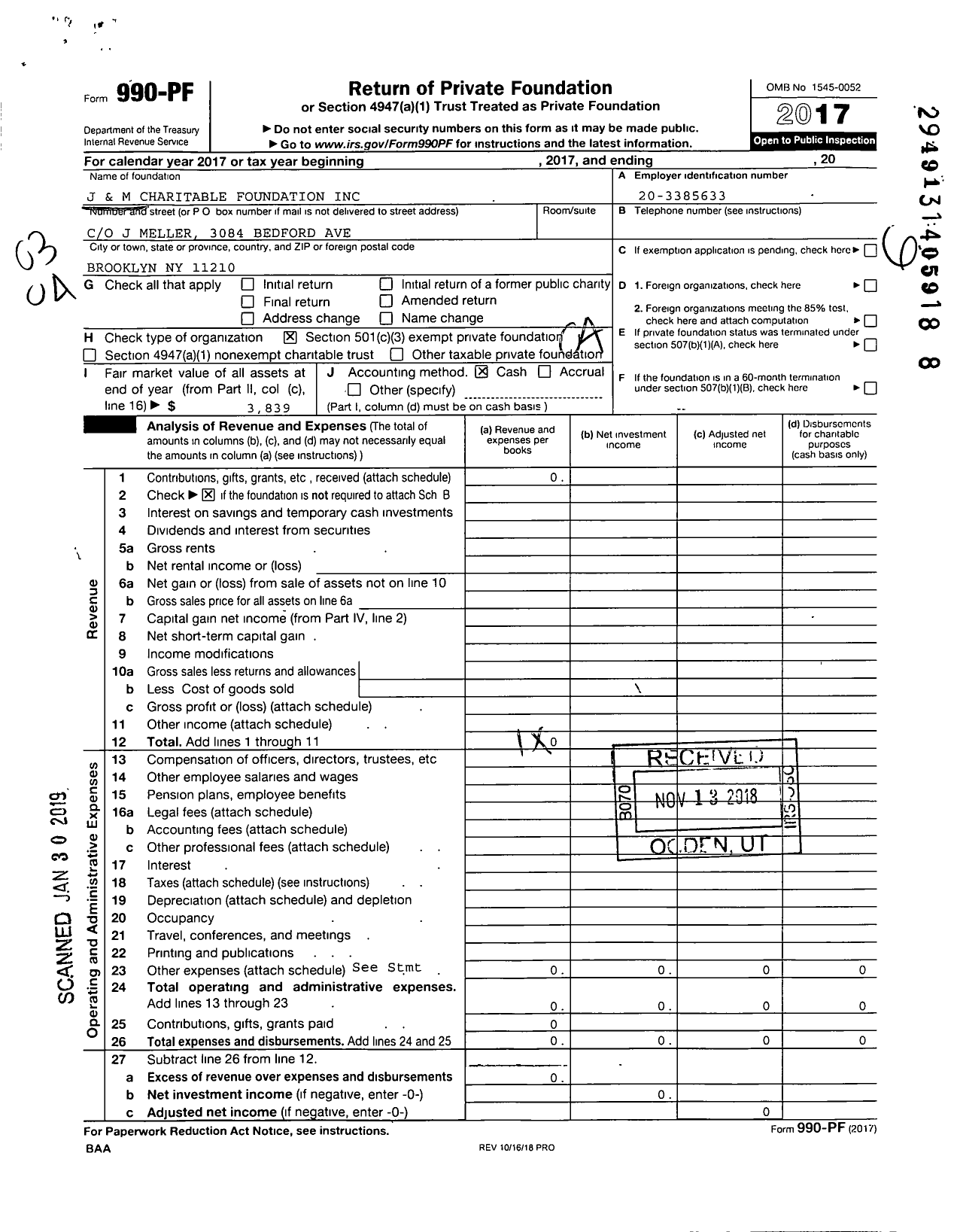 Image of first page of 2017 Form 990PF for J and M Charitable Foundation