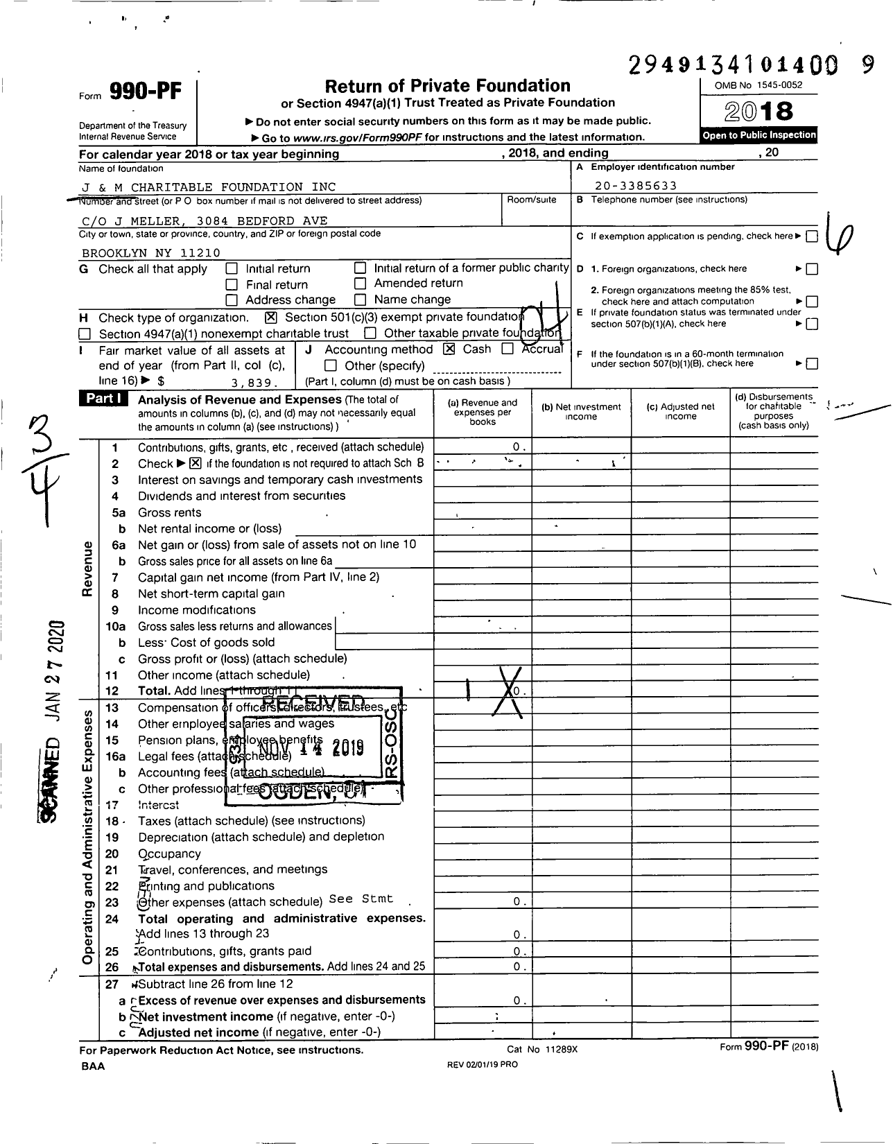 Image of first page of 2018 Form 990PF for J and M Charitable Foundation