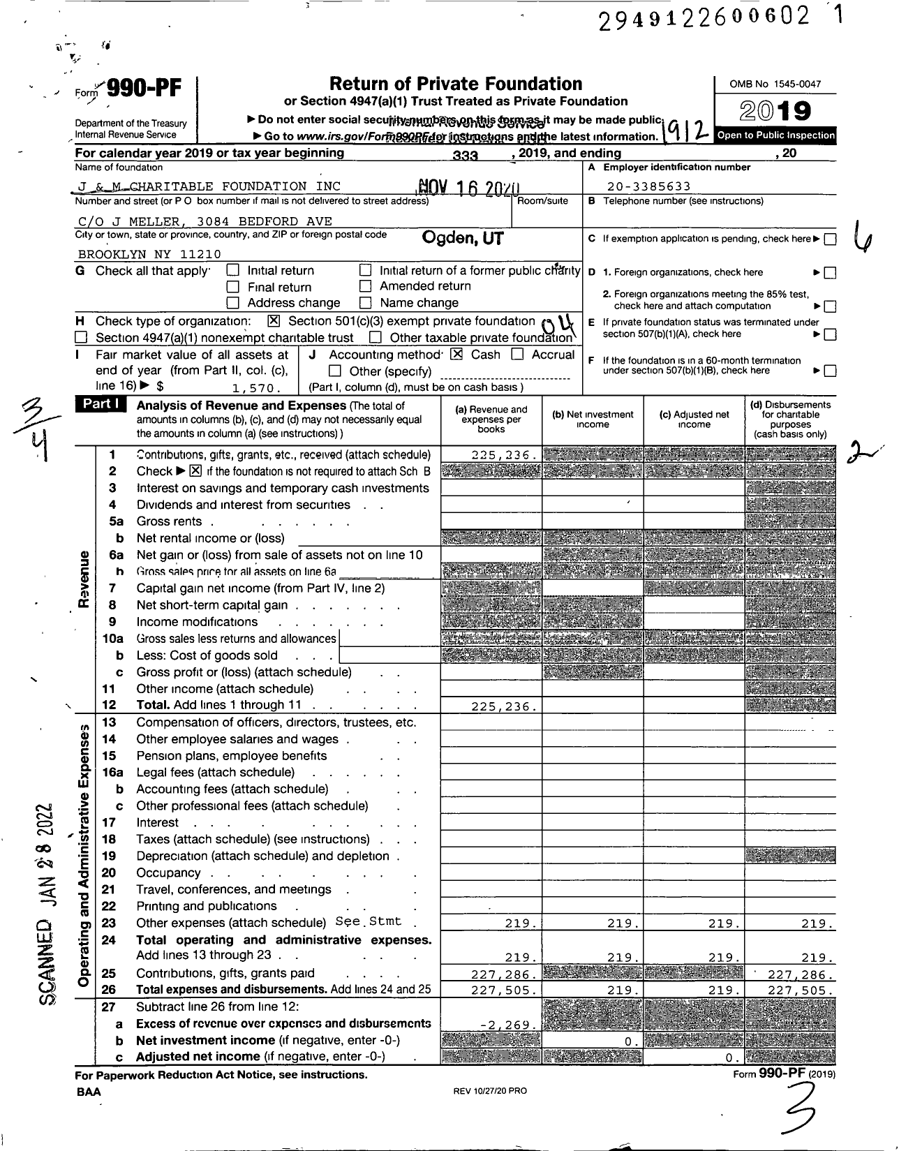 Image of first page of 2019 Form 990PF for J and M Charitable Foundation