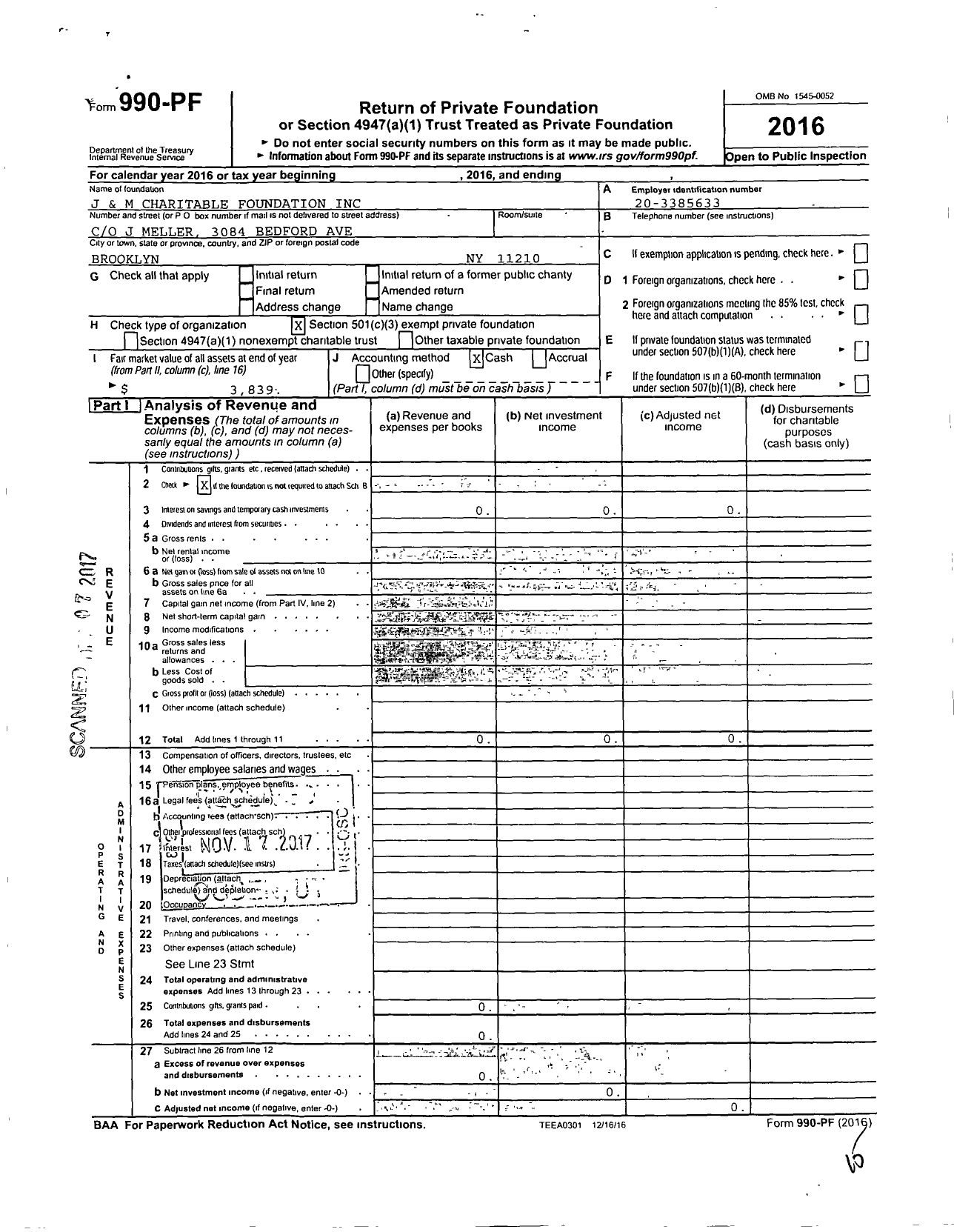 Image of first page of 2016 Form 990PF for J and M Charitable Foundation