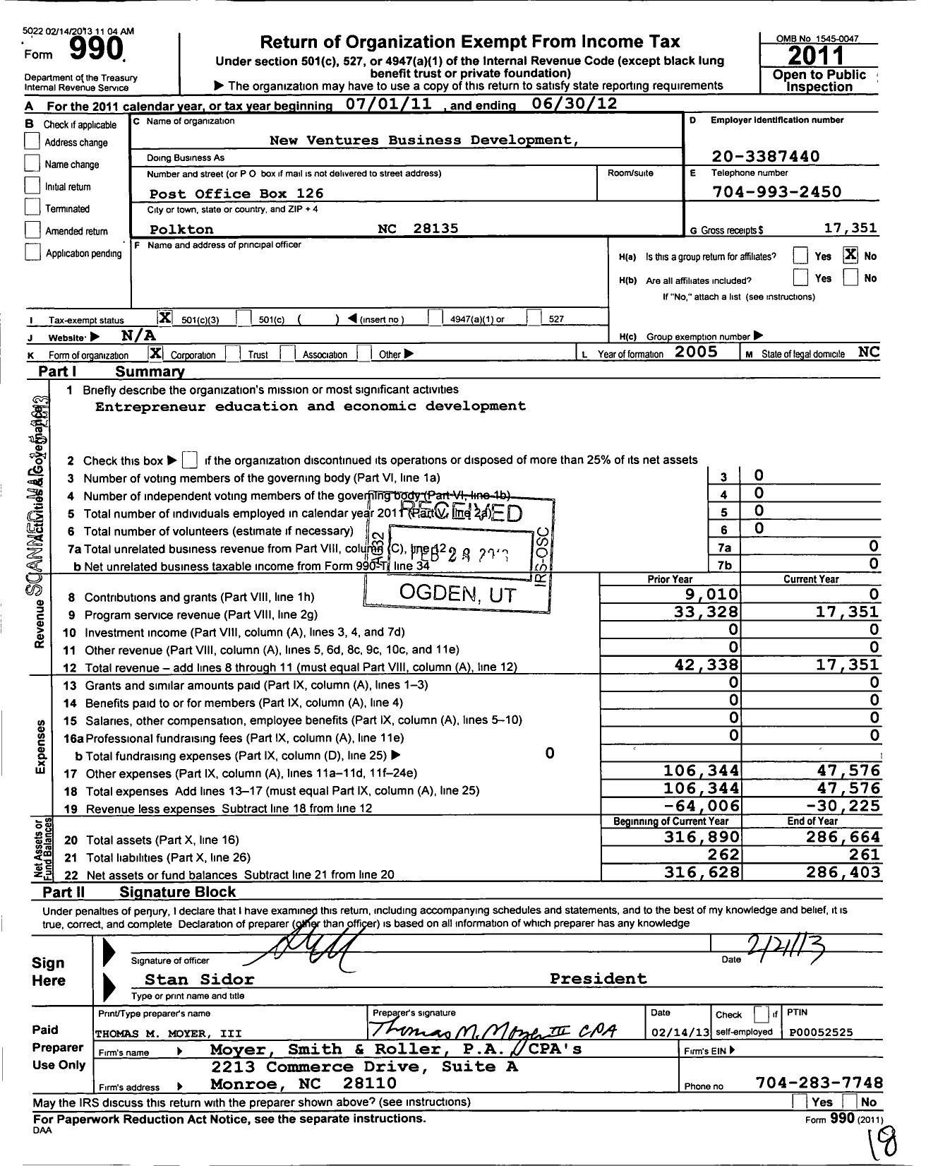 Image of first page of 2011 Form 990 for New Ventures Business Development