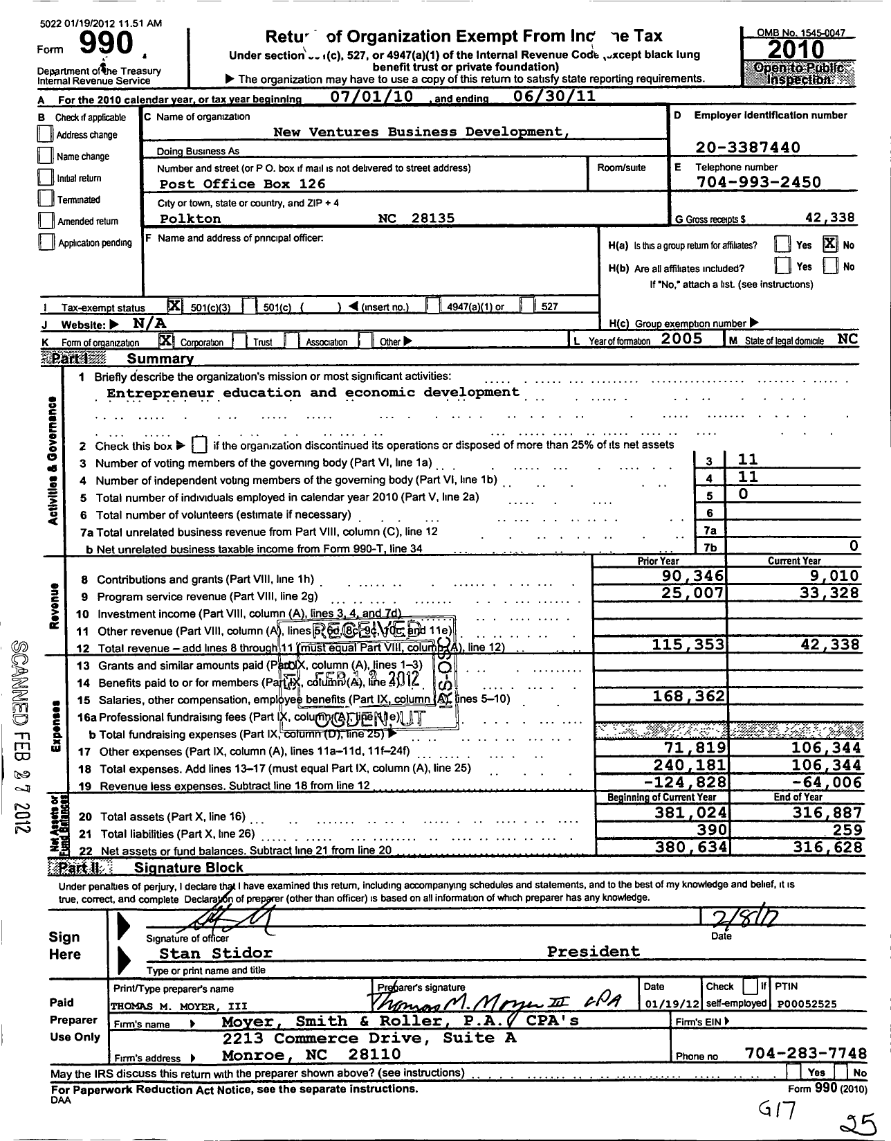 Image of first page of 2010 Form 990 for New Ventures Business Development