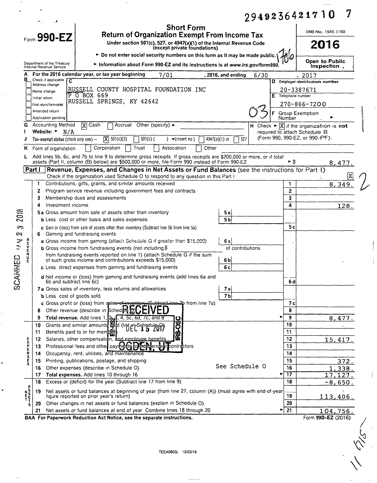 Image of first page of 2016 Form 990EZ for Russell County Hospital Foundation