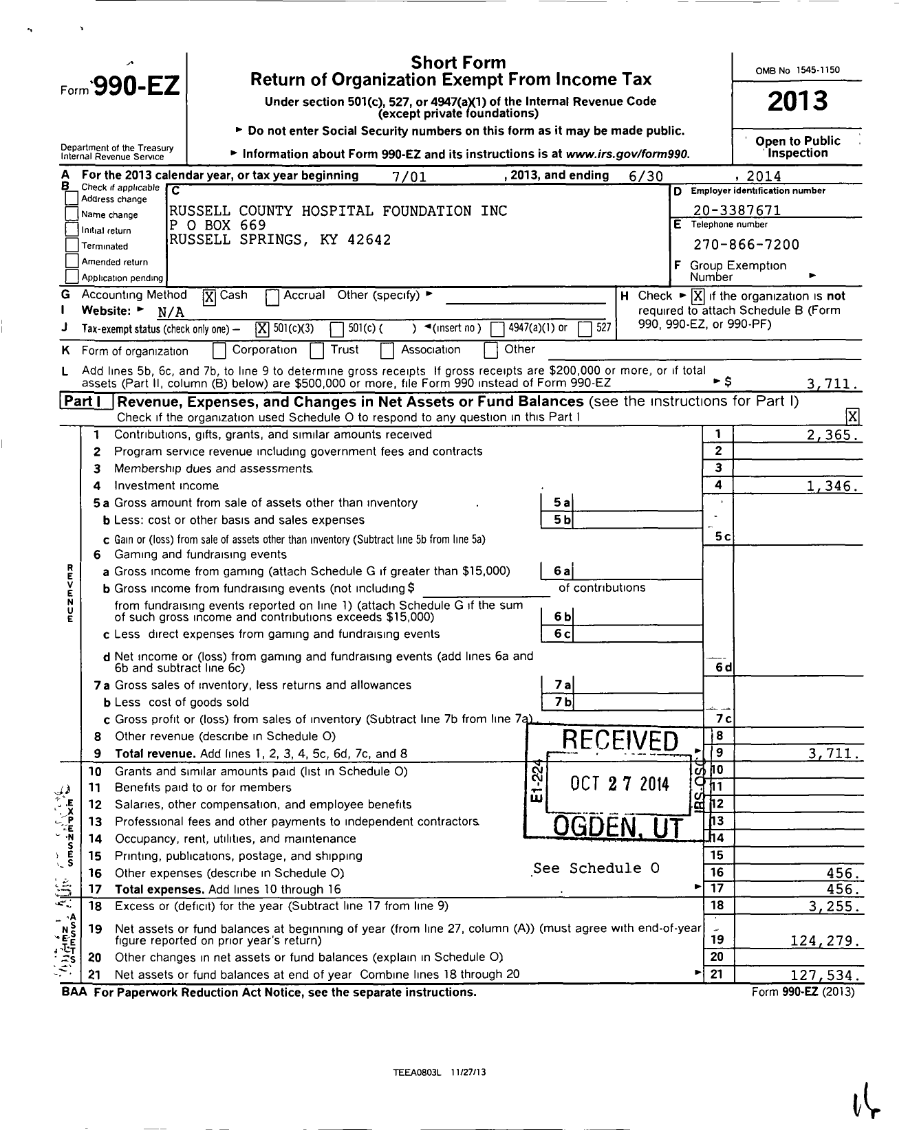 Image of first page of 2013 Form 990EZ for Russell County Hospital Foundation