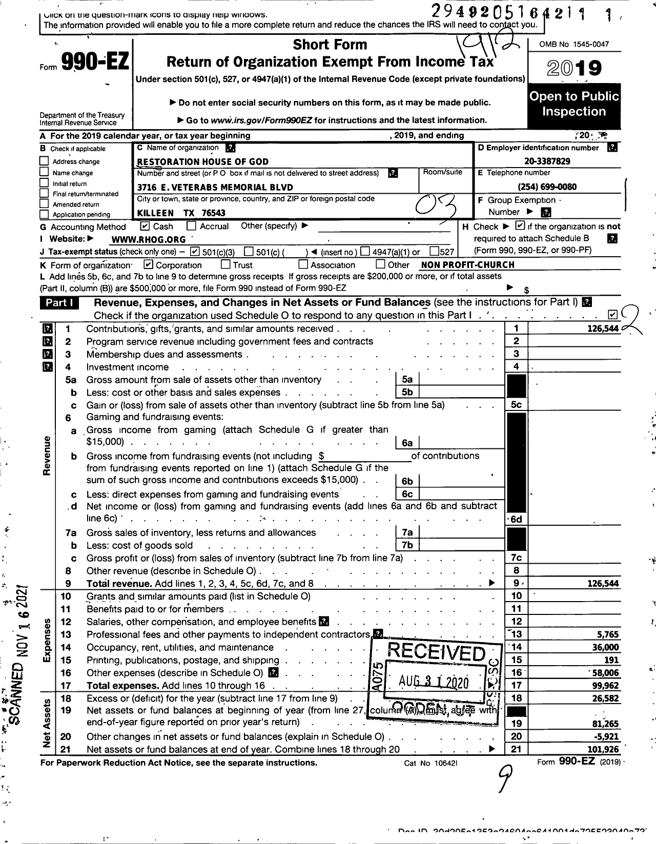 Image of first page of 2019 Form 990EZ for Restoration House of God