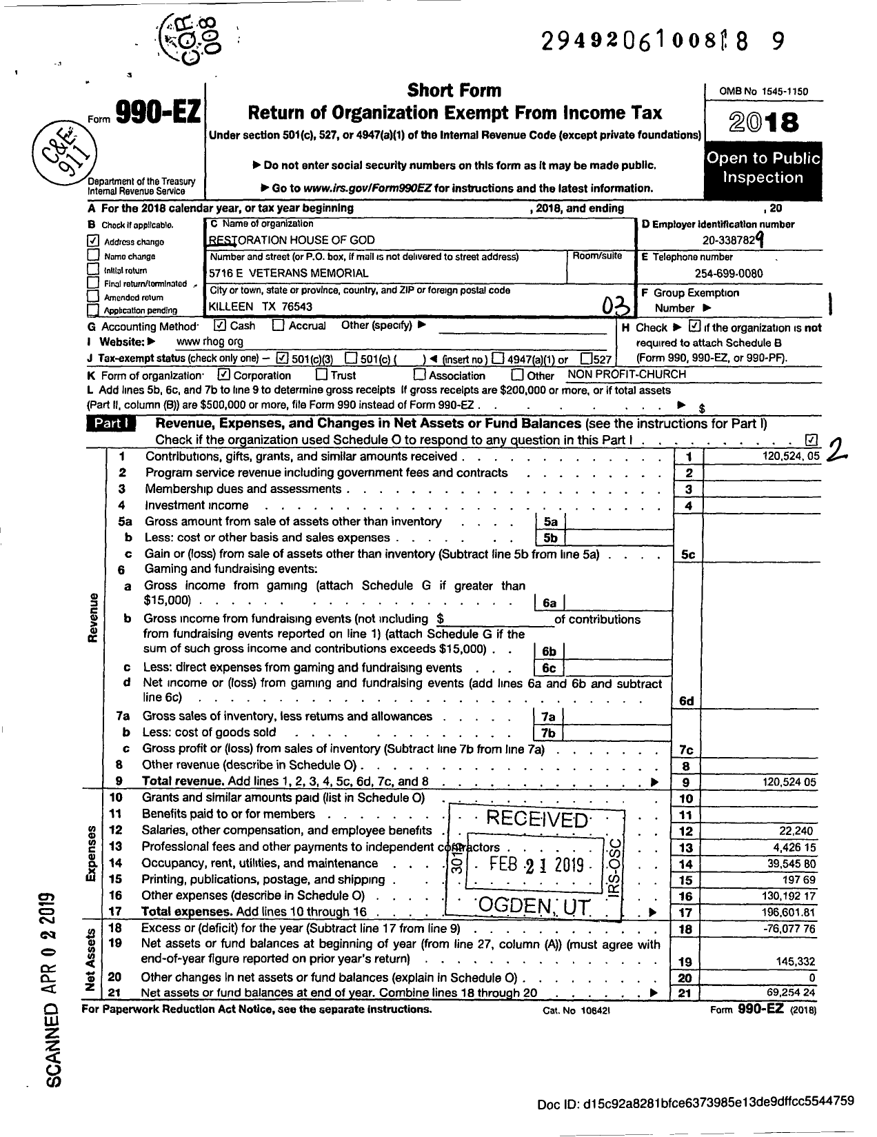 Image of first page of 2018 Form 990EZ for Restoration House of God