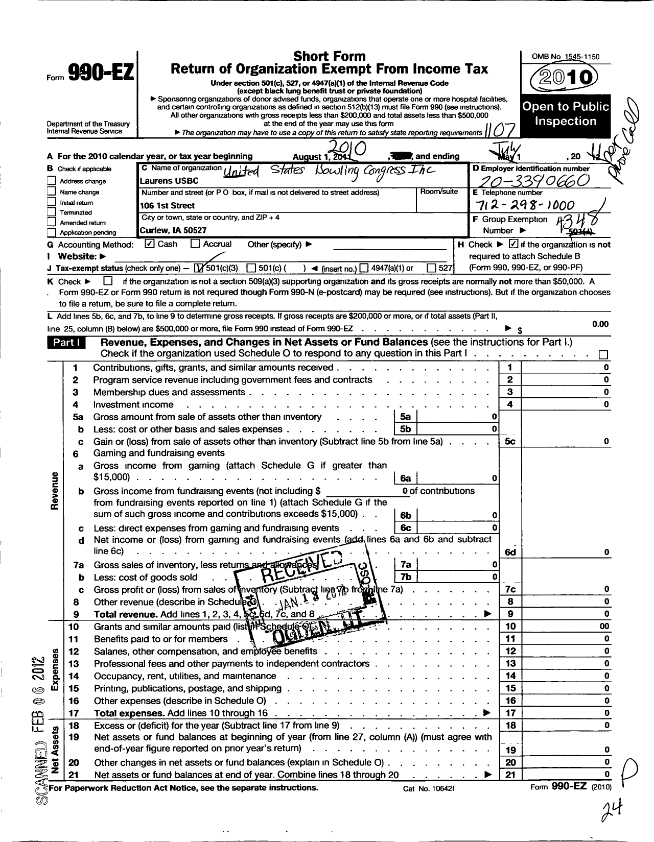 Image of first page of 2010 Form 990EZ for United States Bowling Congress - 81753 Laurens Usbc