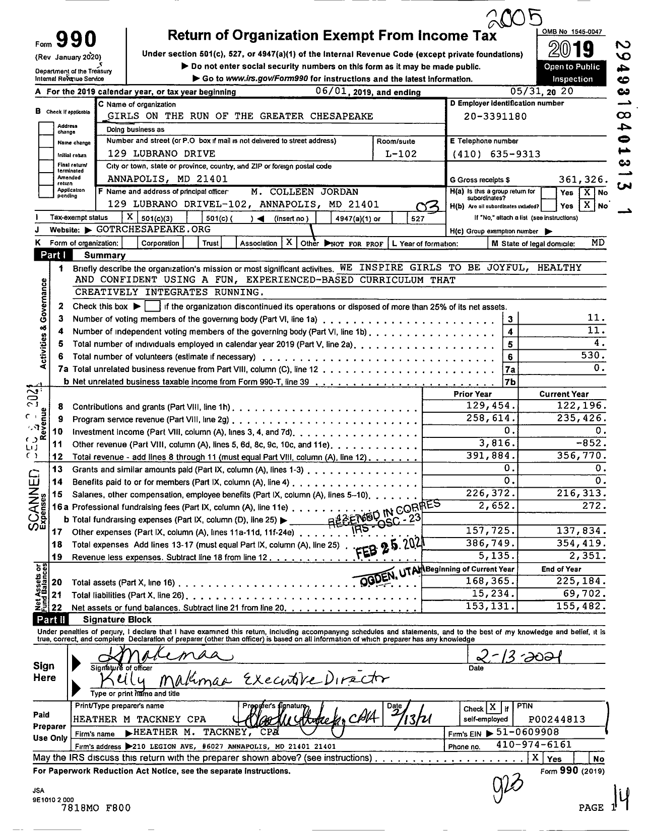 Image of first page of 2019 Form 990 for Girls on the Run of the Greater Chesapeake