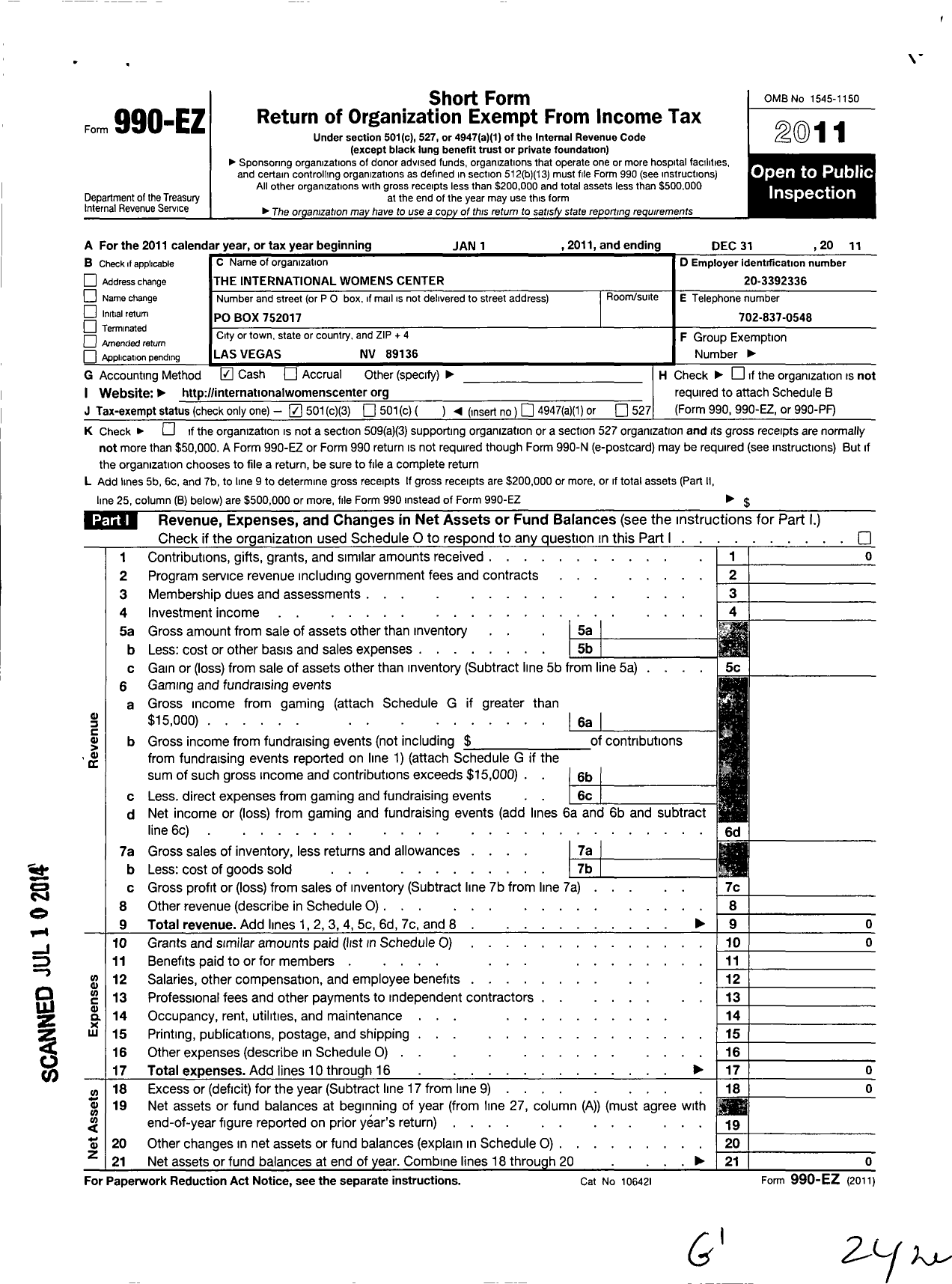 Image of first page of 2011 Form 990EZ for International Womens Center