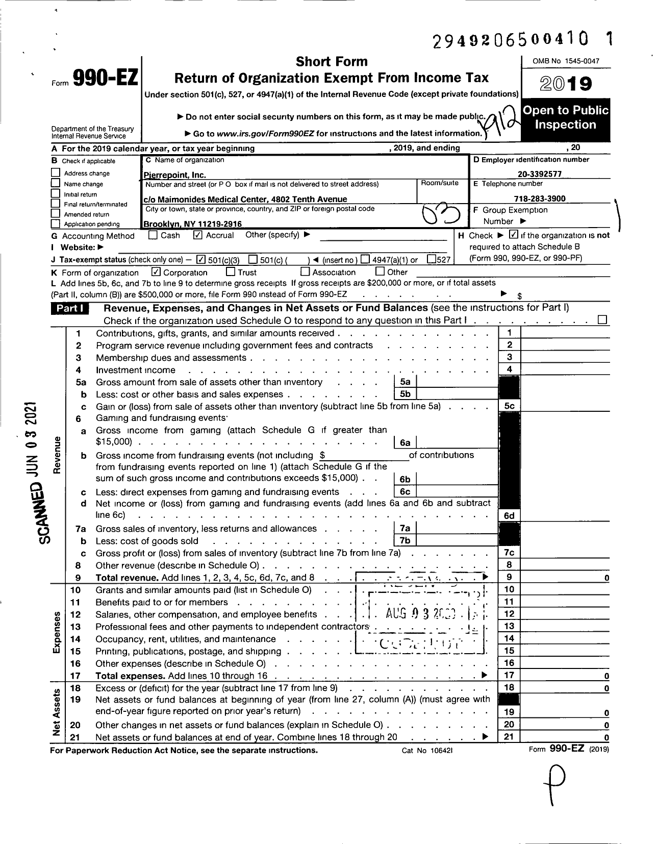Image of first page of 2019 Form 990EZ for Pierrepoint