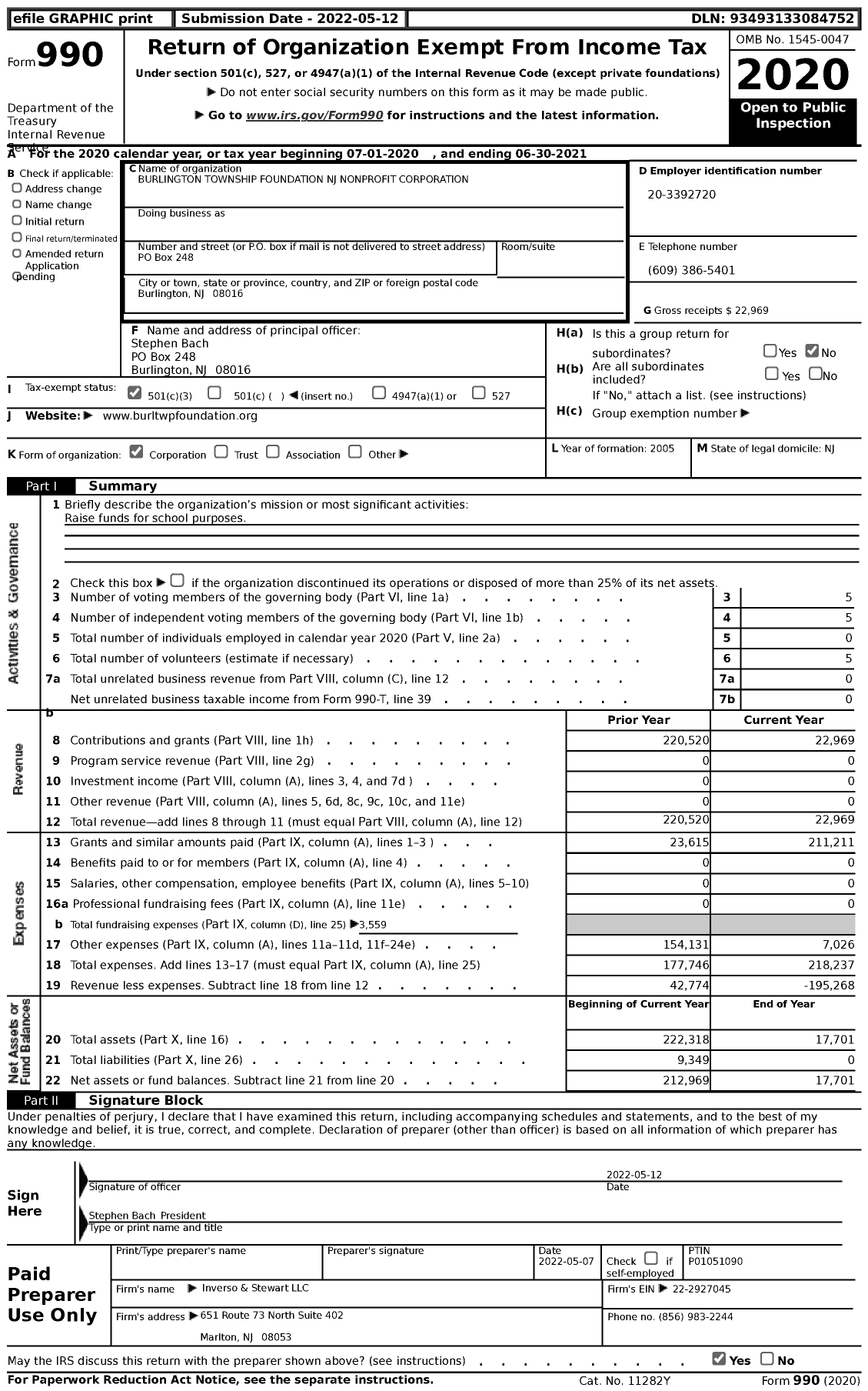 Image of first page of 2020 Form 990 for Burlington Township Foundation NJ Nonprofit Corporation