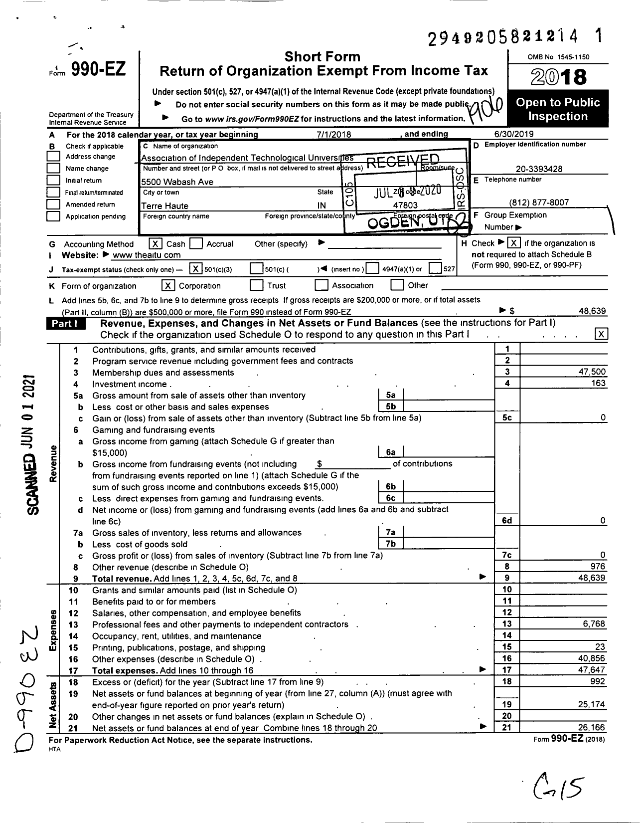 Image of first page of 2018 Form 990EZ for Association of Independent Technological Universities