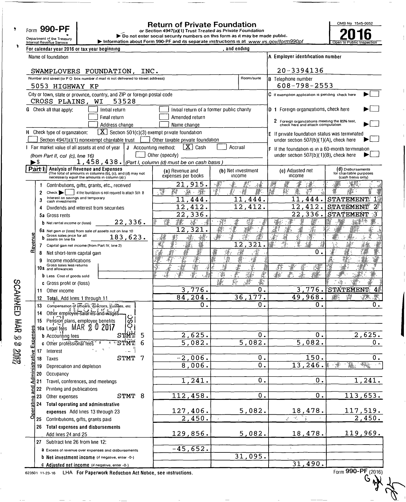 Image of first page of 2016 Form 990PF for Swamplovers Foundation