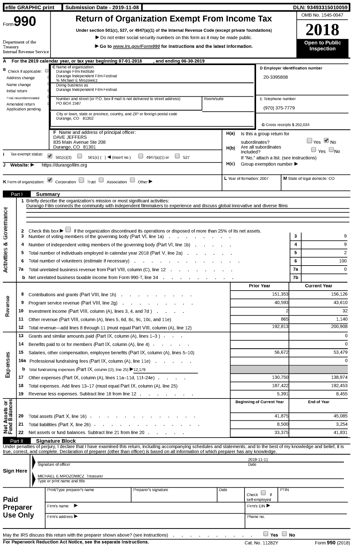 Image of first page of 2018 Form 990 for Durango Film Institute