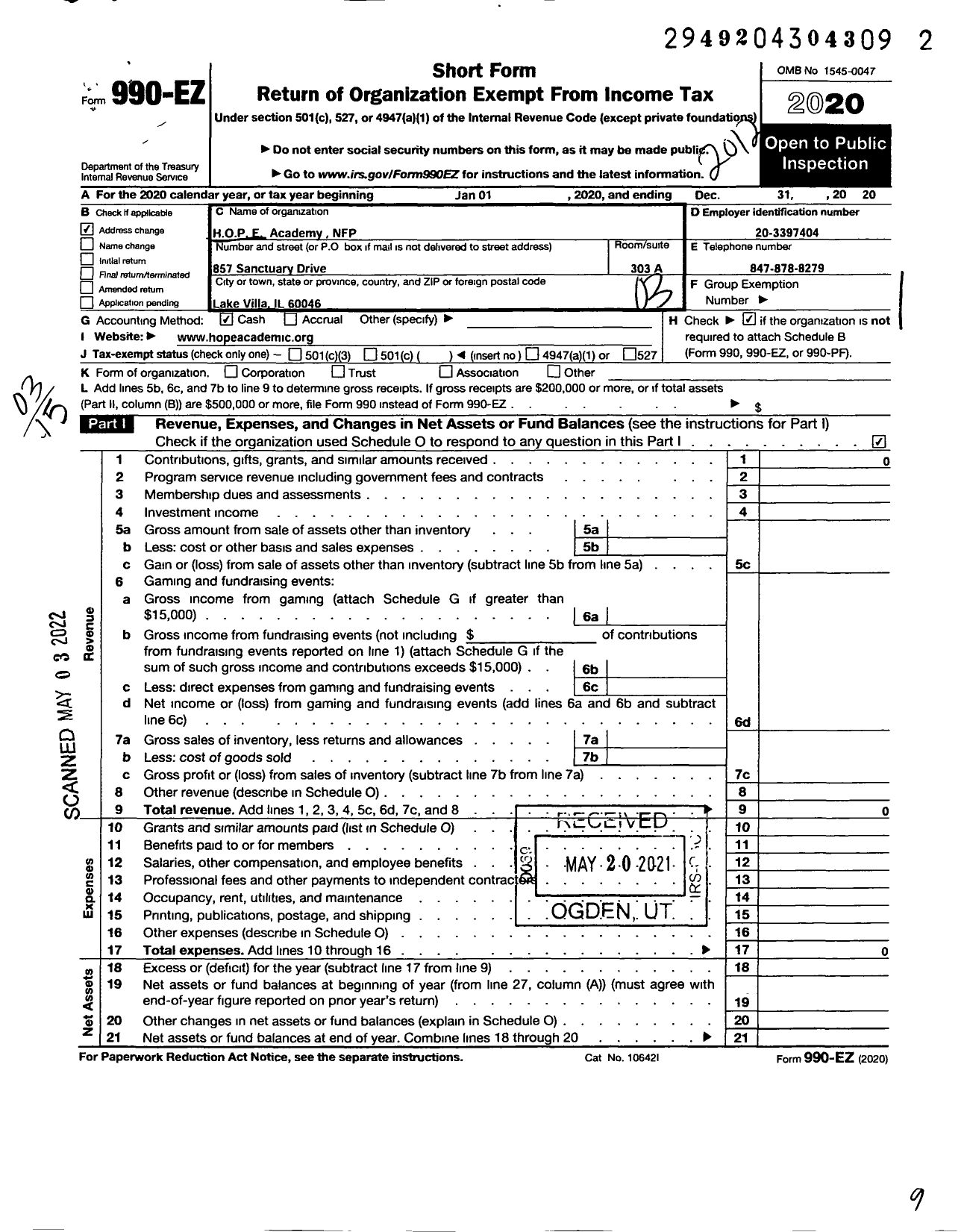 Image of first page of 2020 Form 990EZ for Hope Academy