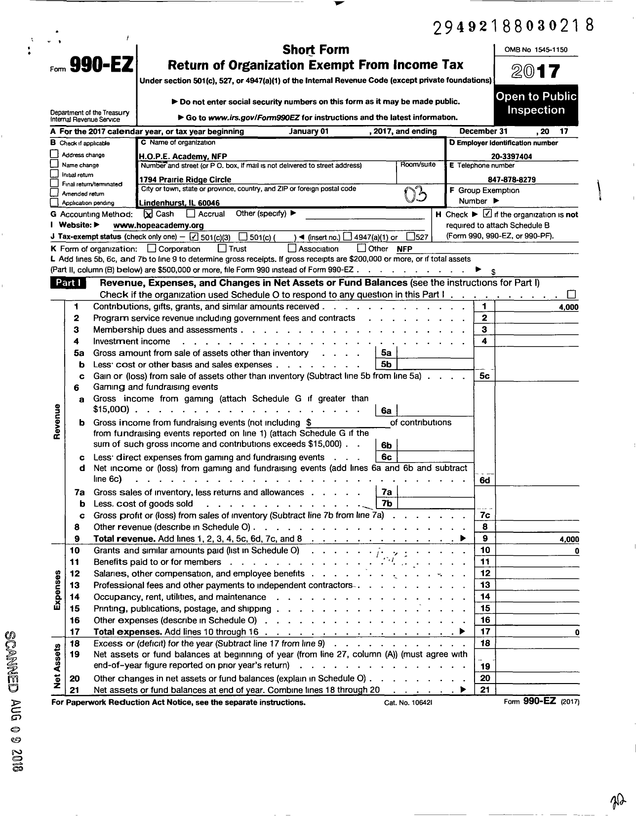 Image of first page of 2017 Form 990EZ for Hope Academy