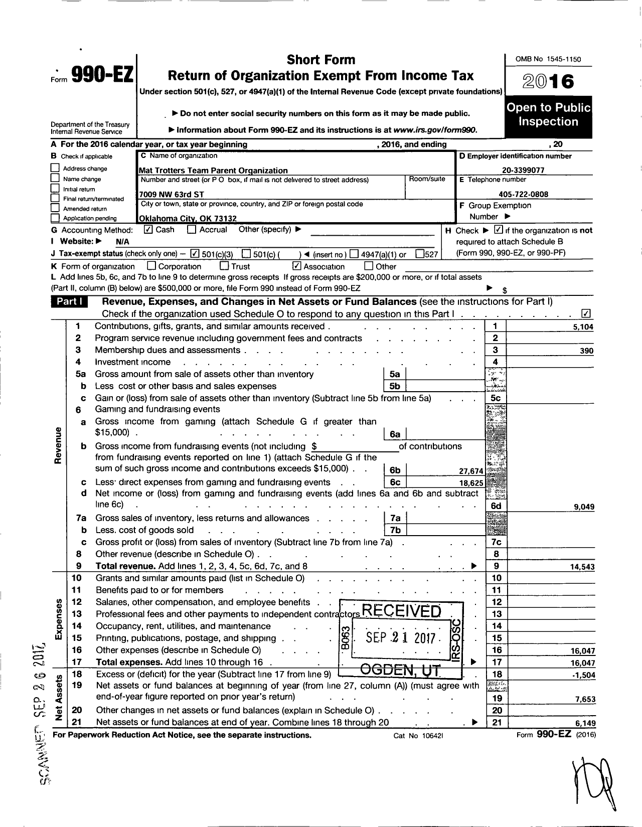 Image of first page of 2016 Form 990EZ for Mat Trotters Team Parent Organization